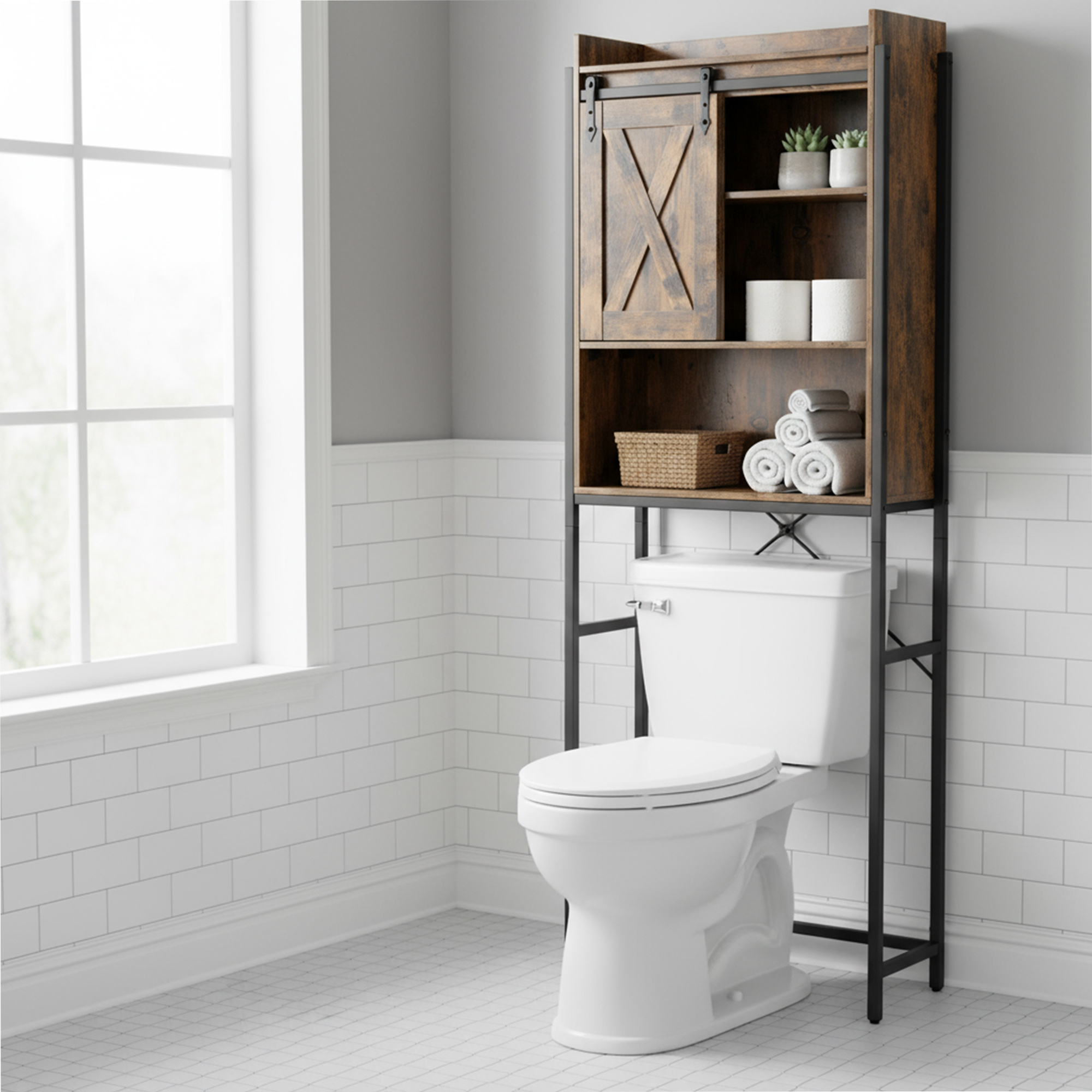 Washing Machine Shelf With Cabinet, Steel Bathroom Shelf, Industrial Style, Easy Assembly, Brown-black