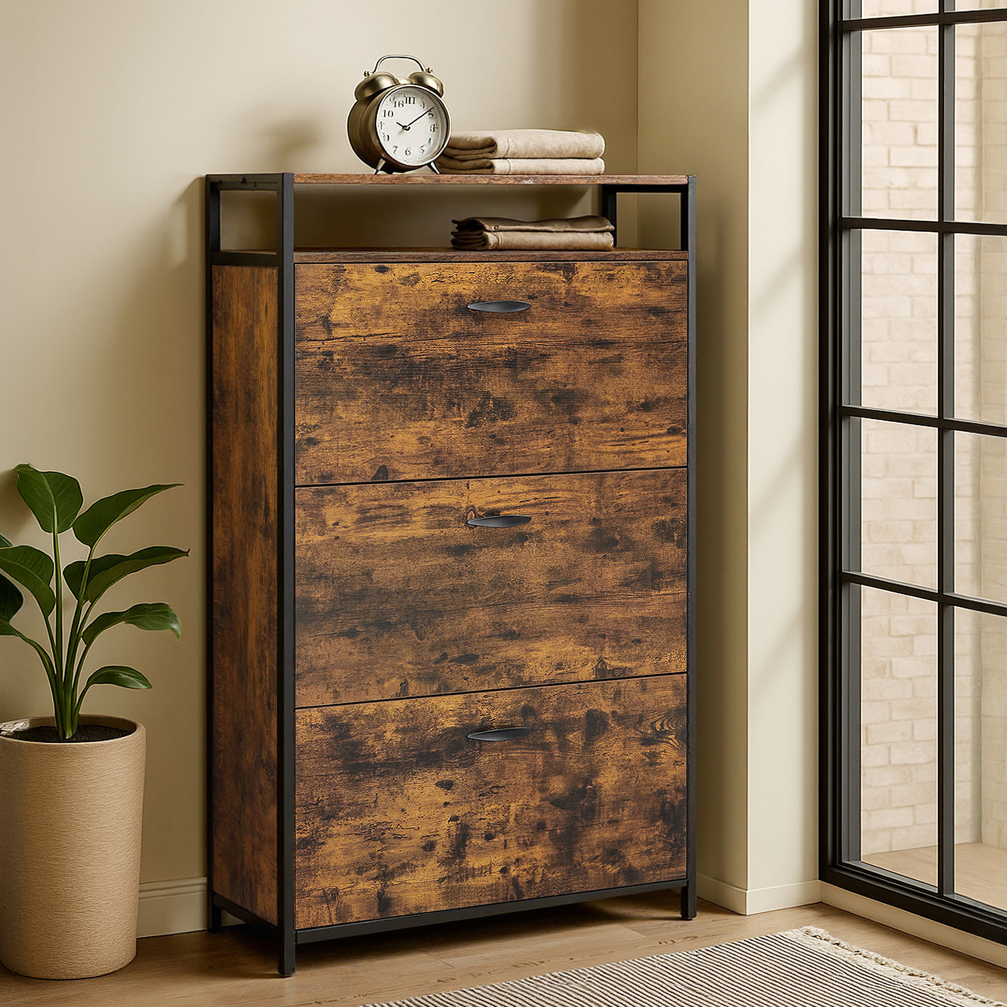 Image of Shoe Cabinet With 3 Flaps, Shoe Storage For 15-24 Pairs Of Shoes, 30 X 80 X 131 Cm, Brown-black