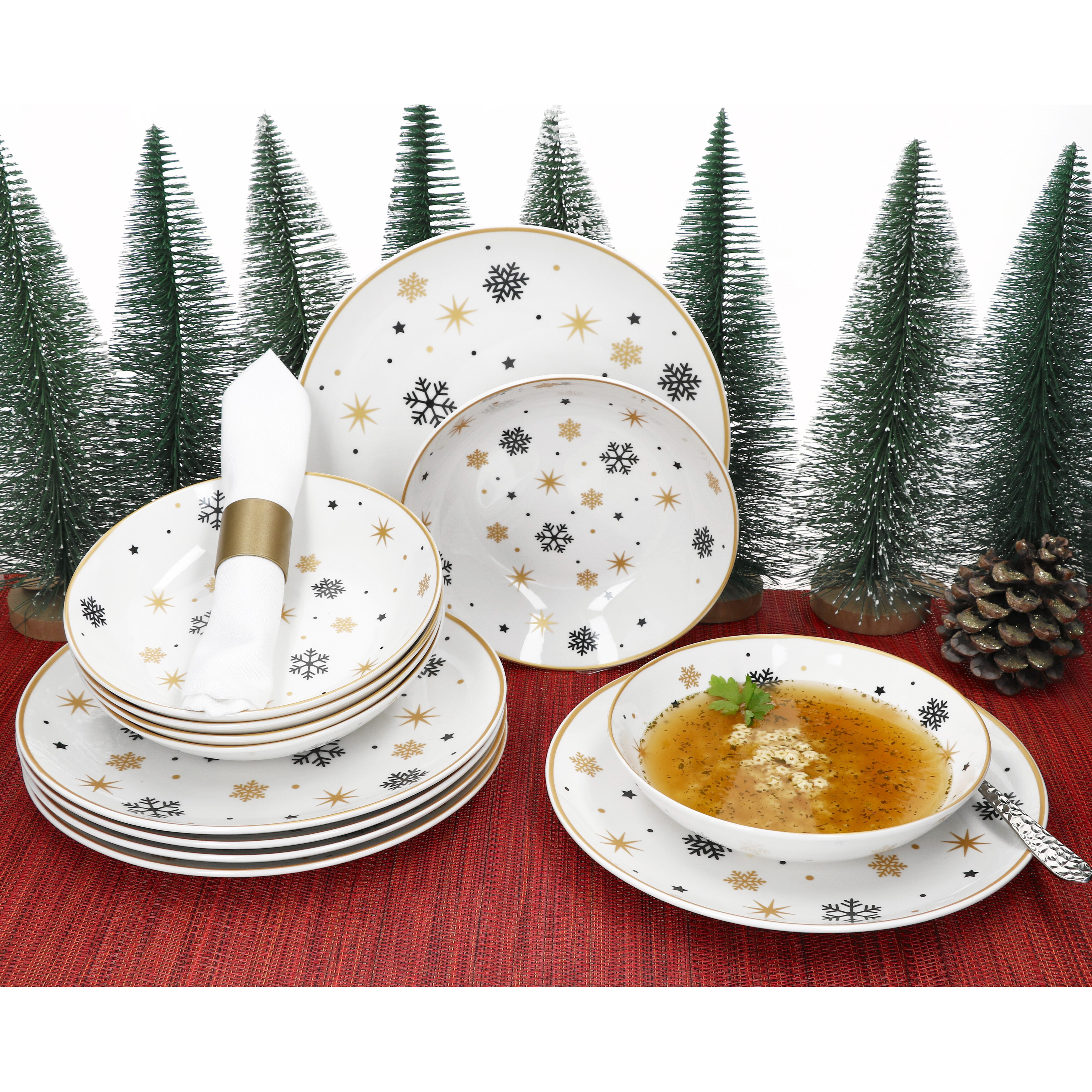 12pcs Stars Black Golden 6 People Dinner Plate Soup Plate Christmas