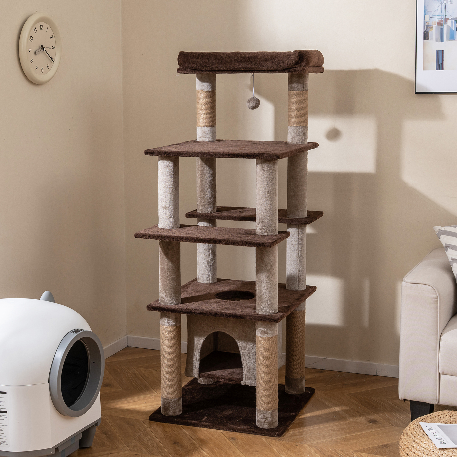Multi-level Cat Tree 148 Cm, Plush Cat Tower With 6 Jute Pins, Suspended Ball And Padded Bed