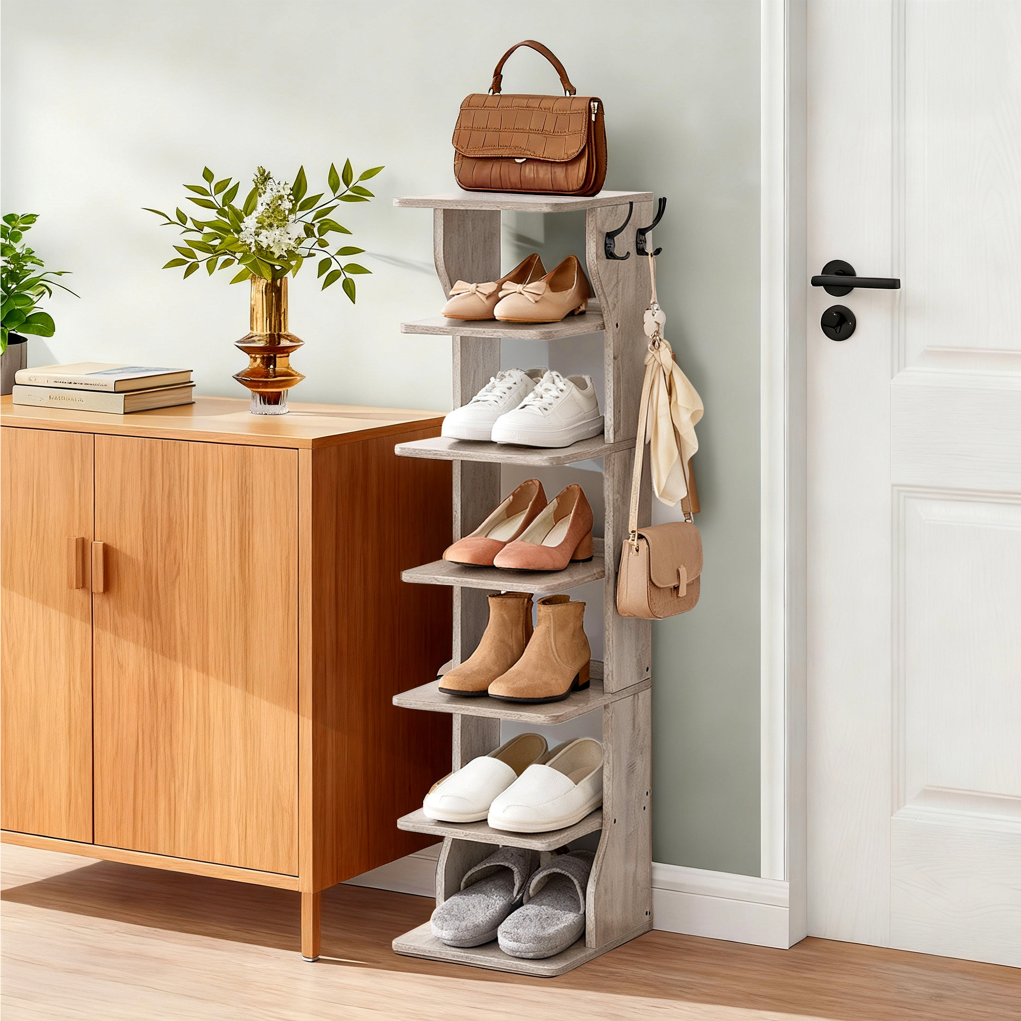 Narrow Shoe Rack, Space- Floor Rack, 7 Levels, For Entrance Area, Corner, Shoe Storage, Grey-beige