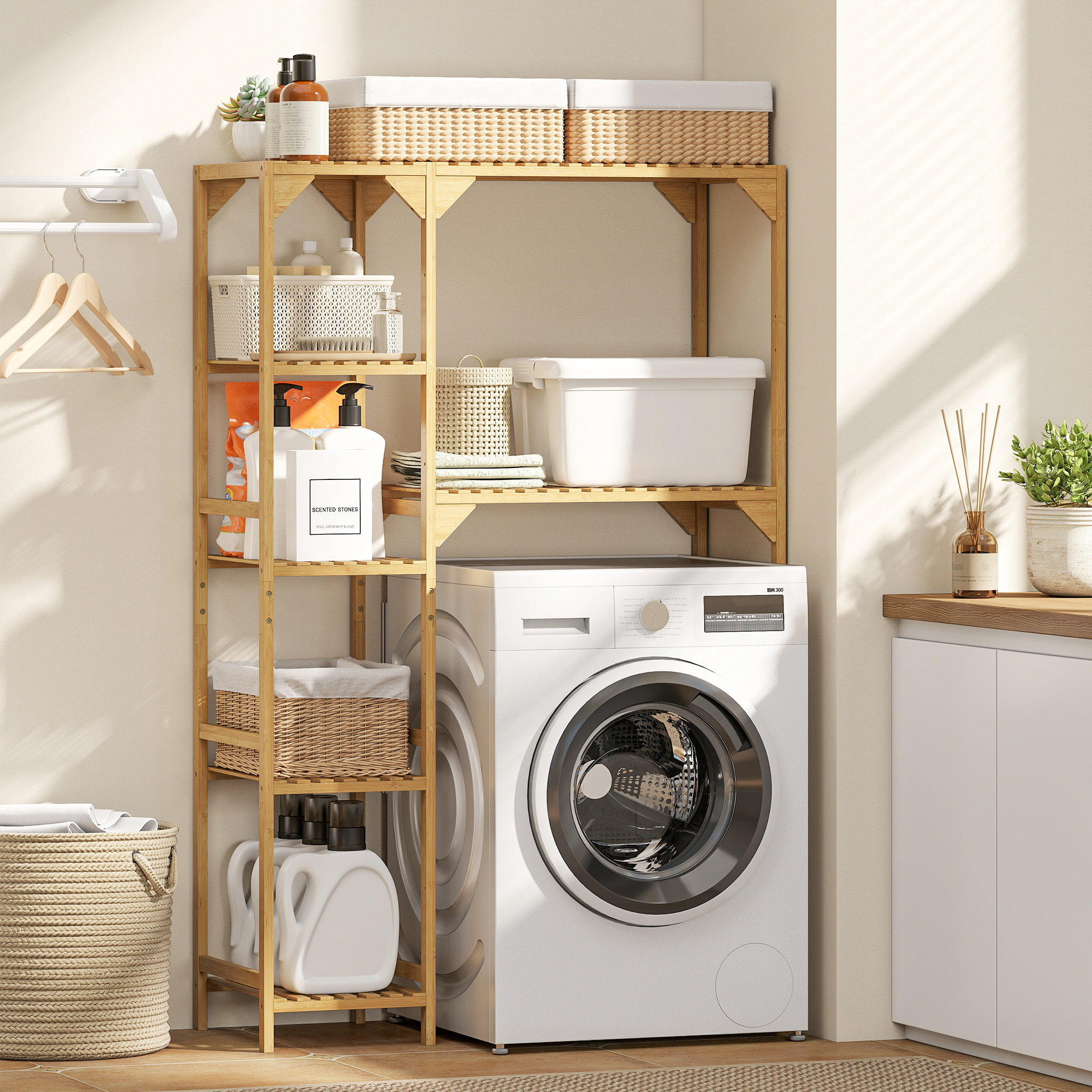 Bamboo Washing Machine Shelf, Bathroom Shelf With 7 Tiers, Reversible Shelves, Shelf Over Washing Machine & Toilet For Bathroom, Laundry Room, Natural