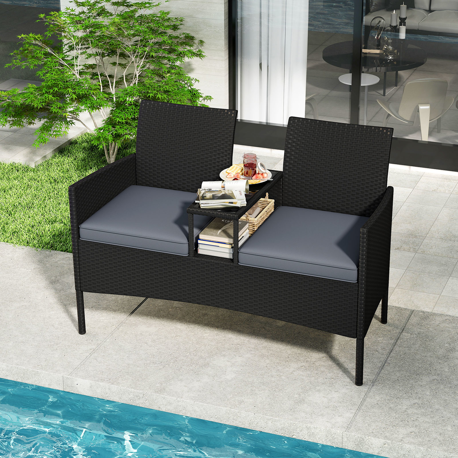 Image of Patio Loveseat W/ Built-in Table, Wicker 2-seat / Soft Cushions & Tempered Glass Tabletop, Metal Frame Outdoor Conversation Seating Bench For Backyard, Porch