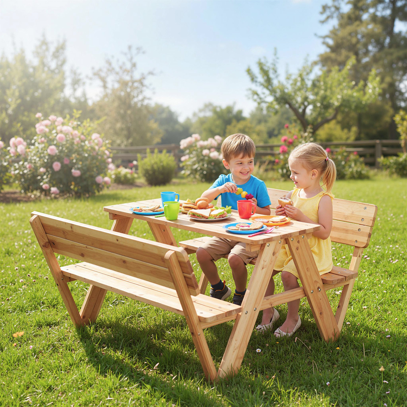 Image of Kids Picnic Table, Wooden Toddler Table And Chair Set With 2 Built-in Benches, Children Furniture Set For Backyard Patio Garden Indoor, Gift For Boys Girls, Natural