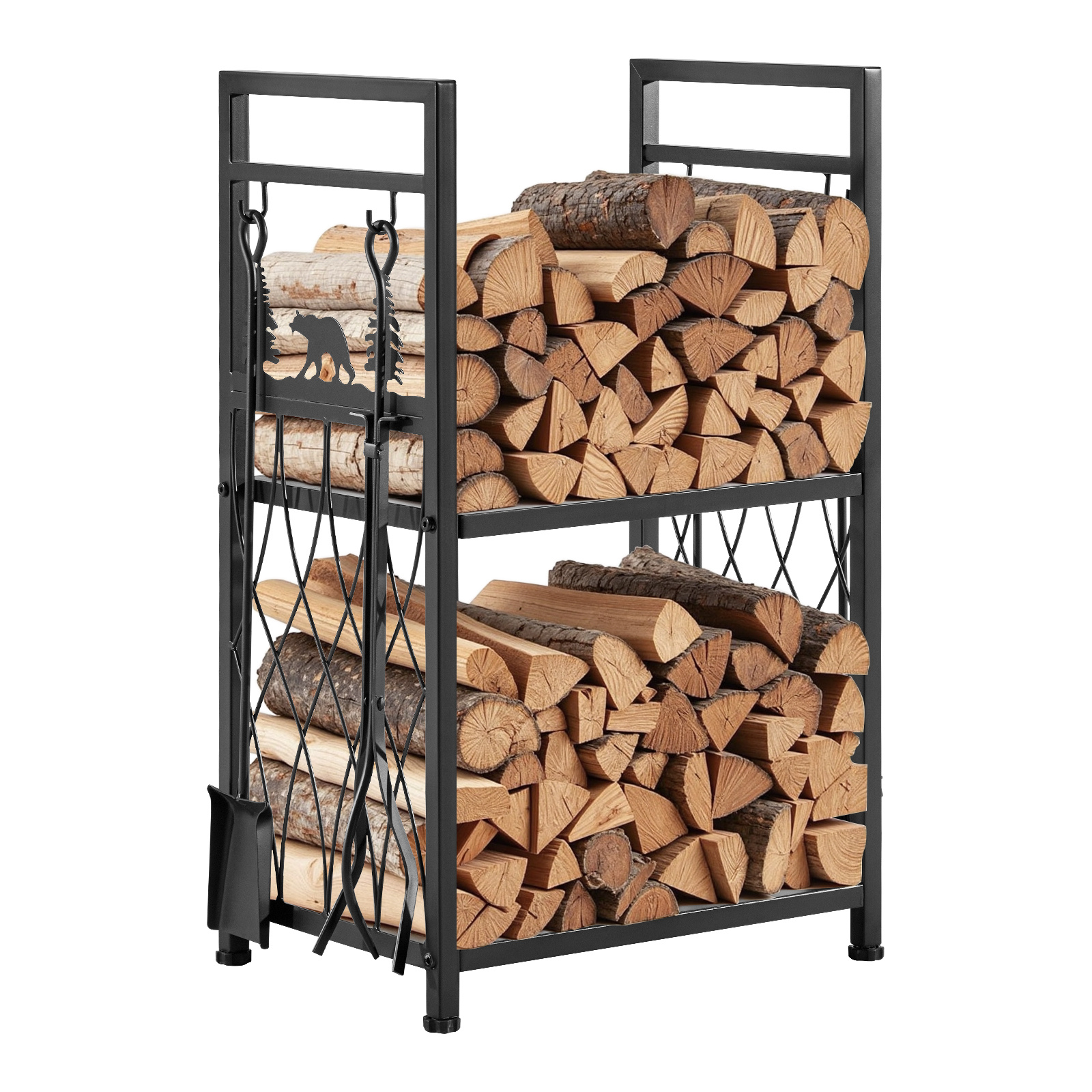 Image of Vevor Indoor Firewood Rack, 45.5cm 2-tier Firewood Holder With Fireplace Tools, Brush, Shovel, Poker, Tongs, Heavy Duty Rack, 400 Lbs Weight Capacity, Wood Pile Storage Stacker For Fire Pit
