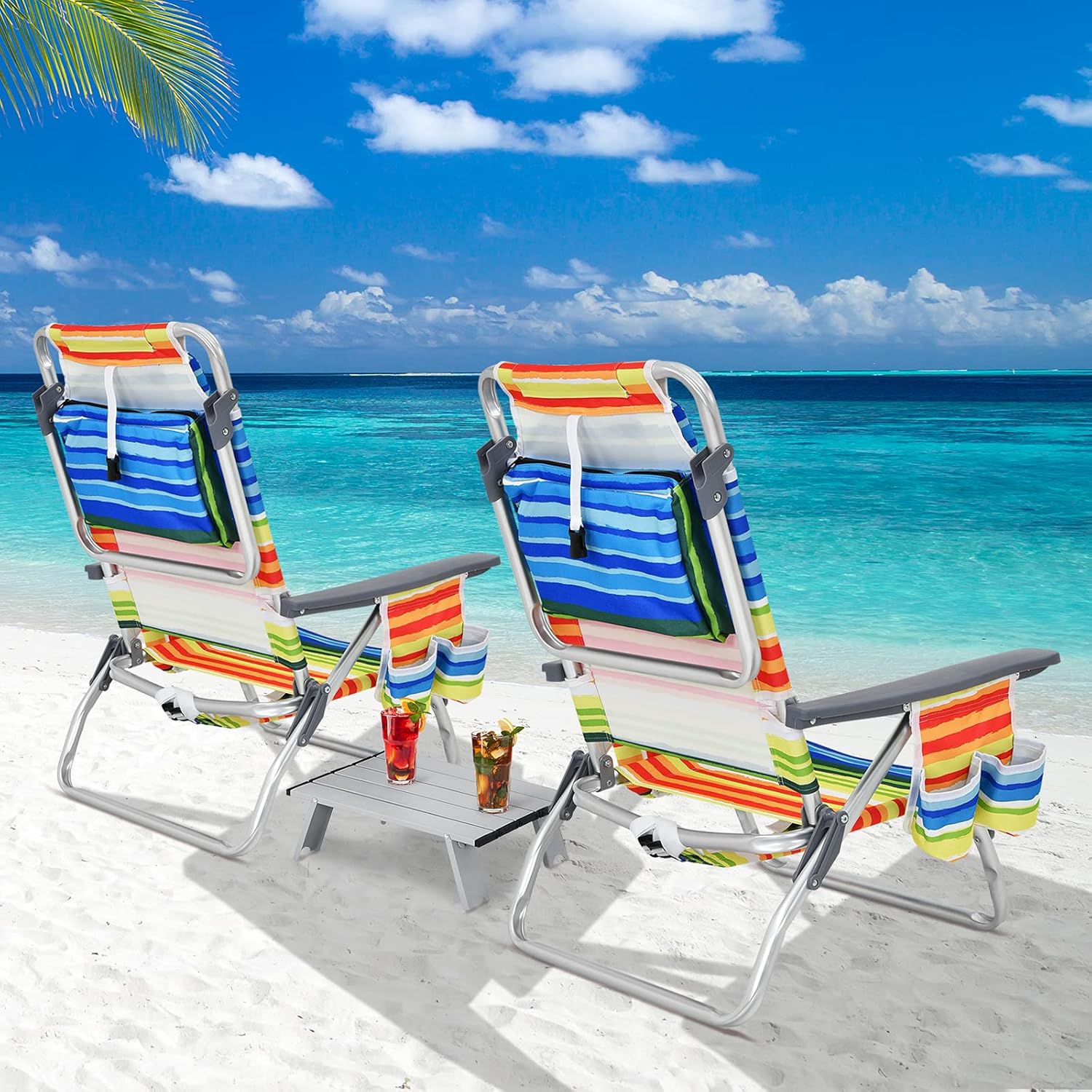 Beach Chair Set, Portable Camping Chairs With 5 Adjustable , 3 Pieces Folding Beach Chair And Table Set, Suitable For Lawn, Backyard, Poolside, No
