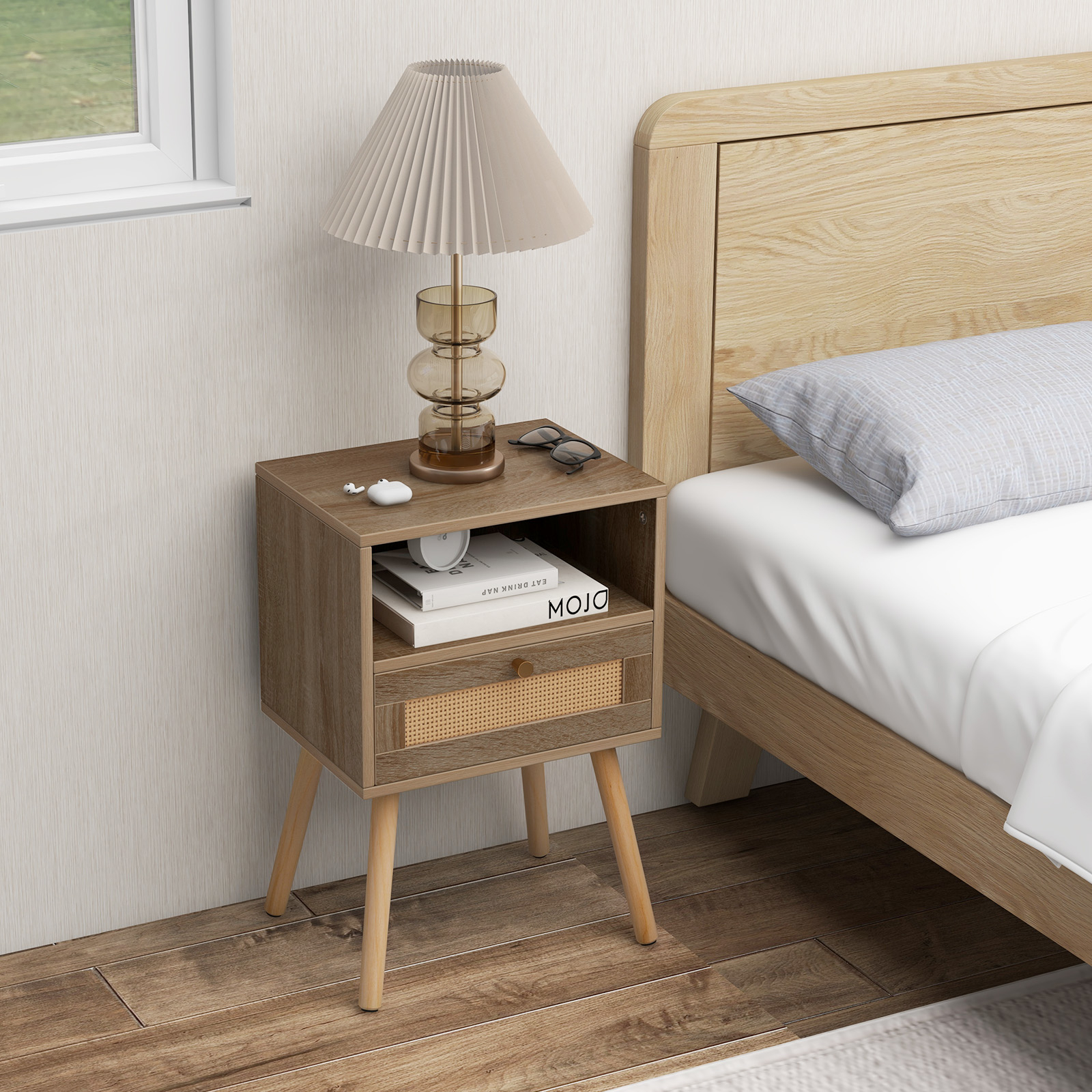 Rattan Nightstand, Home Boho Small Side End Table W/ Drawer, Solid Wood Support Bedside Table, Compact Modern Coffee Table, Multifunctional Accent Table For Living Room, Bedroom