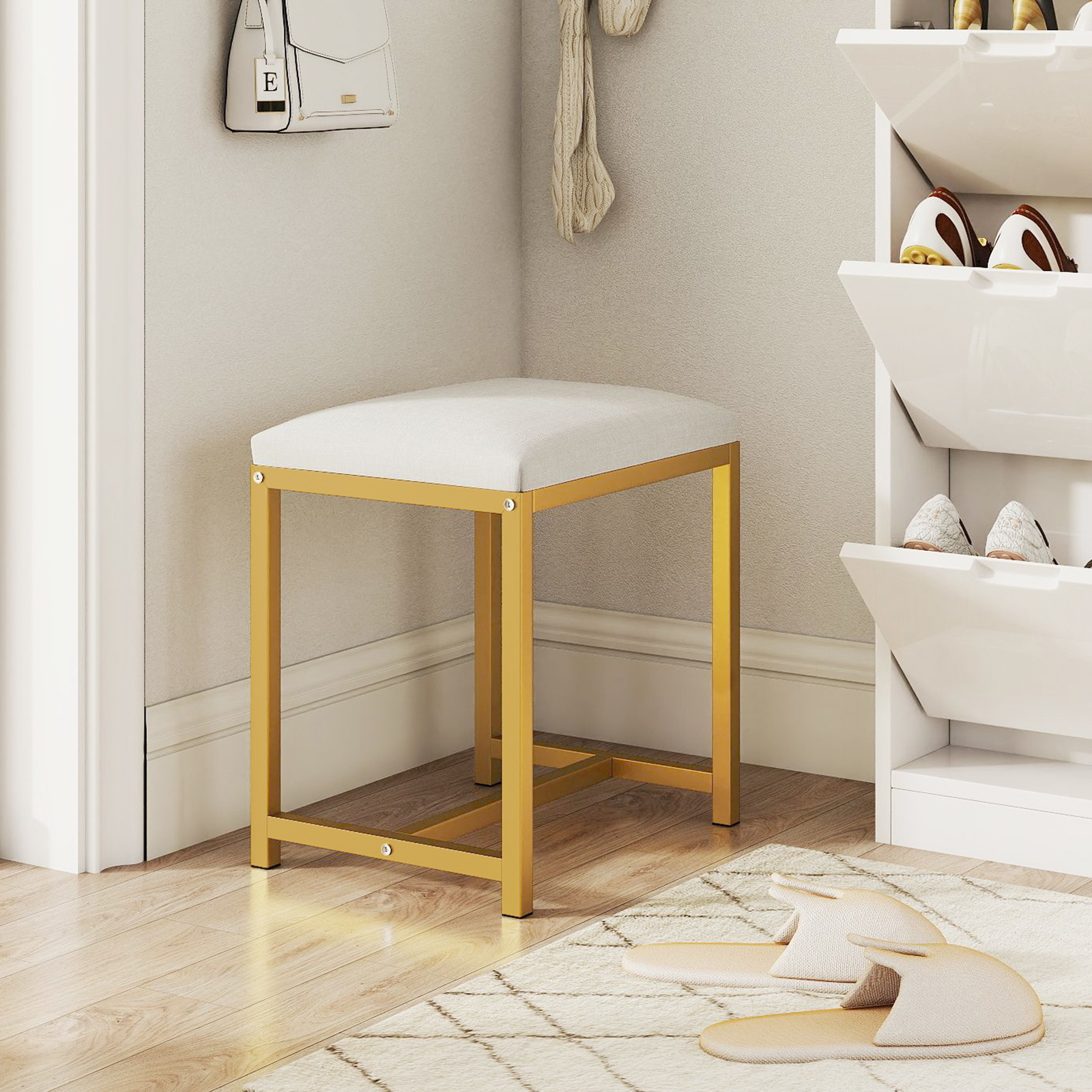Image of Vanity Stool, Small Makeup Chair With Soft Padded Cushion And Modern Golden Metal Legs, Compact Ottoman Footstool For Bedroom, Living Room, Entryway, 150 Kg, White And Gold
