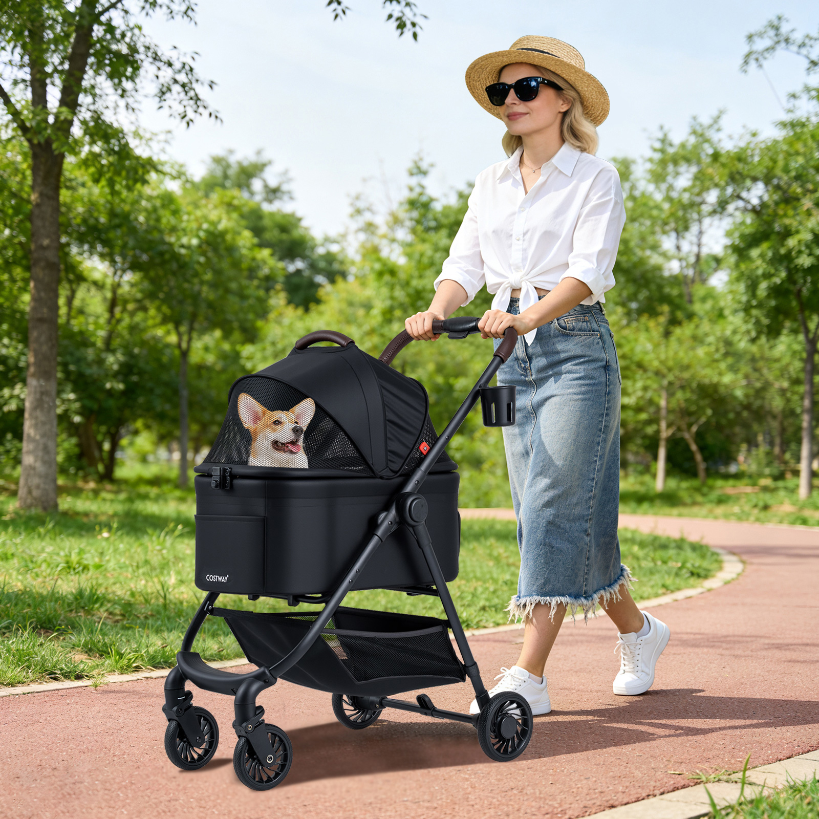 3-in-1 Pet Stroller, One-hand Folding Dog Stroller Car Seat W/ Removable Carrier, Adjustable Mesh Canopy, Storage Basket, Cup Holder & Safety Belt, 4-wheels Pet Travel Cart For Small Dogs Cats