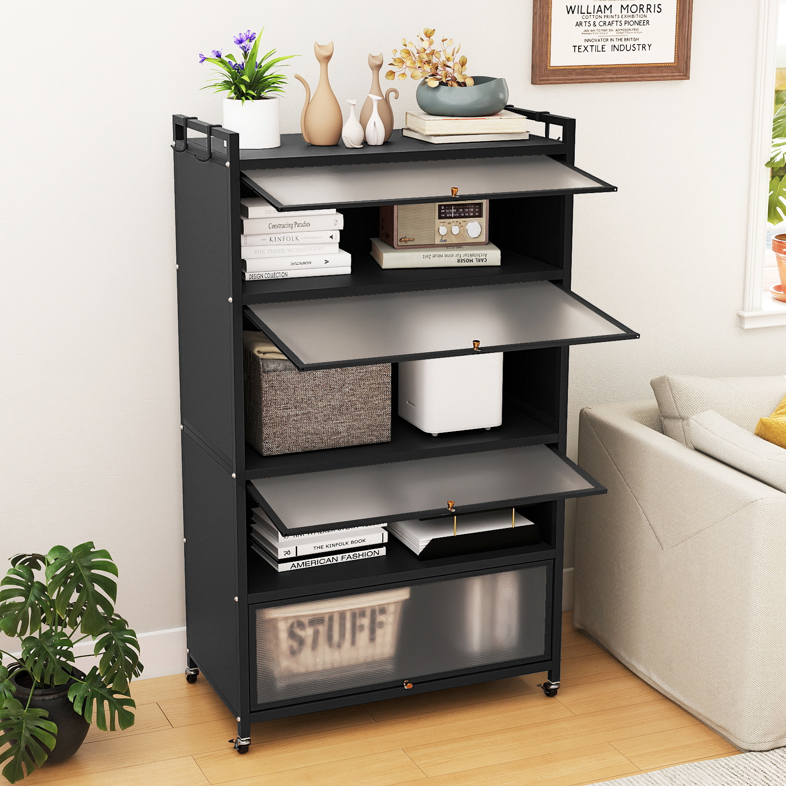 5-tier Kitchen Storage Cabinet, 64" Tall Freestanding Metal Pantry With 4 Flip-up Doors, Rolling Microwave Stand Display Rack With Replaceable Foot Pads For Dining Room, Living Room, Study