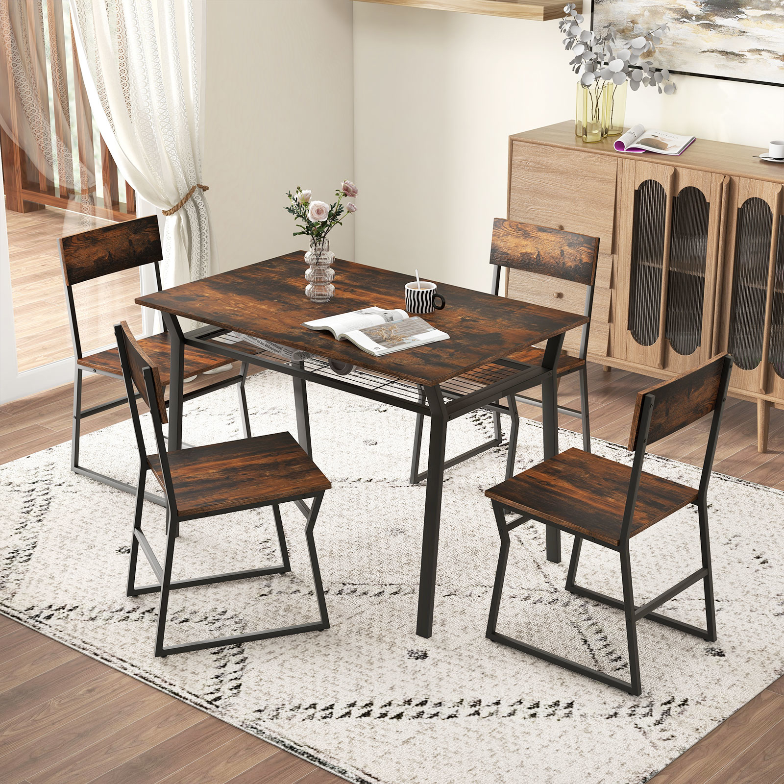 Dining Table Set, 5 Pieces, Kitchen Table With 4 Chairs & Shelf, Dining Set For , Dining Room Table Metal Frame