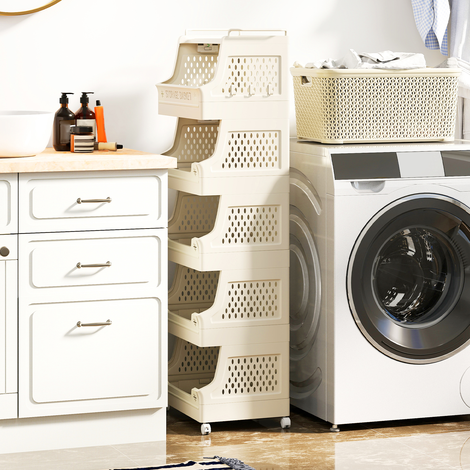 6 Tier Rolling Laundry Basket With Wheels, Stackable Plastic Storage Cart With Handles And Hooks
