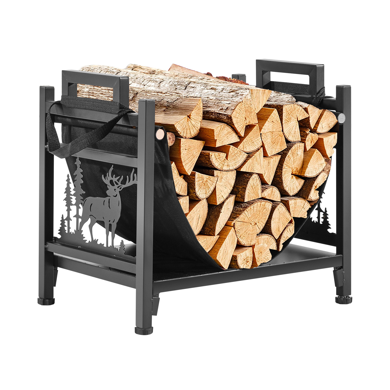 Image of Indoor Firewood Rack, 45cm Curved Log Holder With Canvas Carrier, 18kg Weight Capacity Wood Storage Stand, Powder-coated Steel Firewood Holder, Heavy Duty Wood Pile Stacker Rack For Fireplace