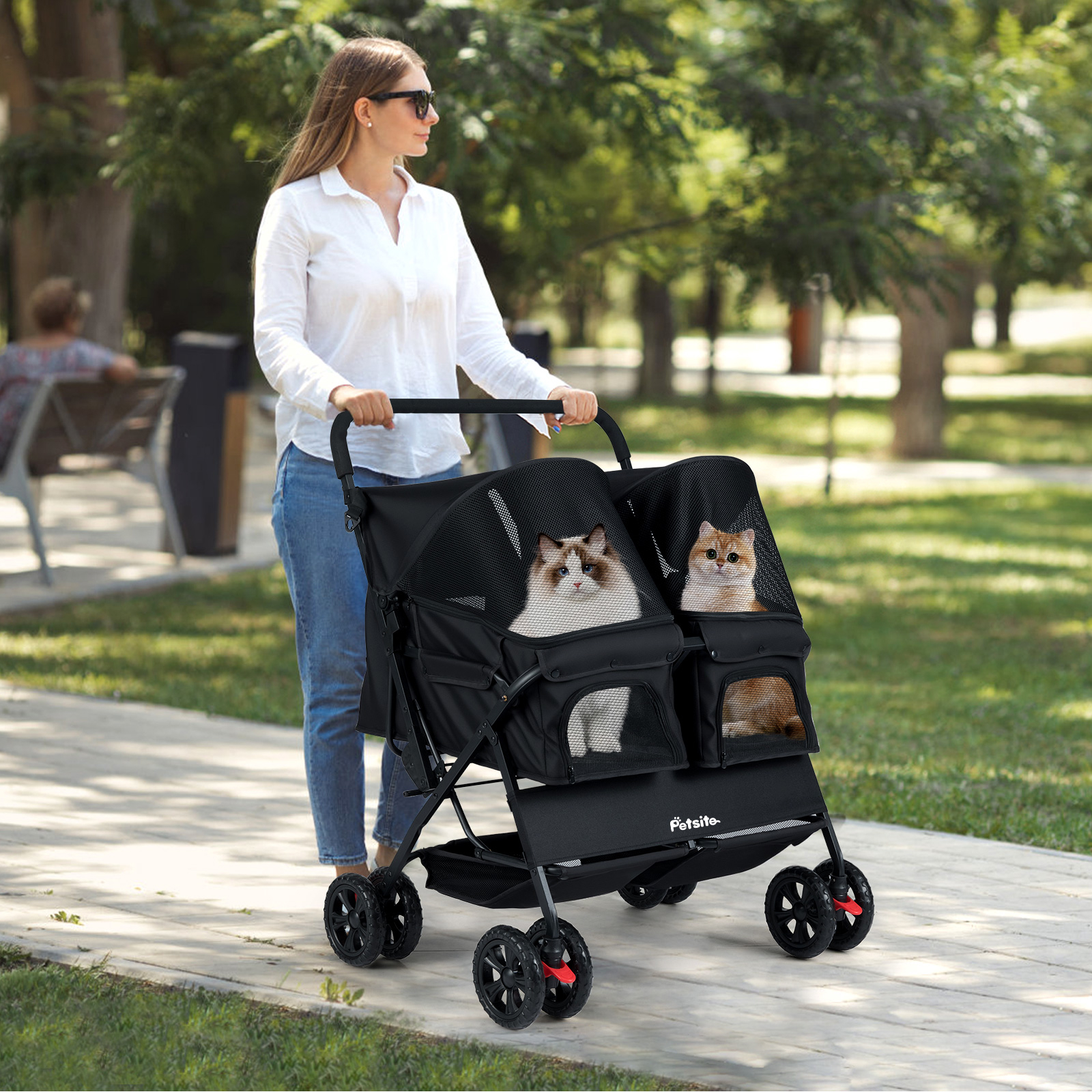 Image of Double Pet Stroller, Foldable Dog Walk Jogger W/ 2-seater Carrier, Adjustable Sunshade, Removable Pad, Safety Belt, Storage Basket, 4-wheel Pet Travel Cart For 2 Puppies & Cats