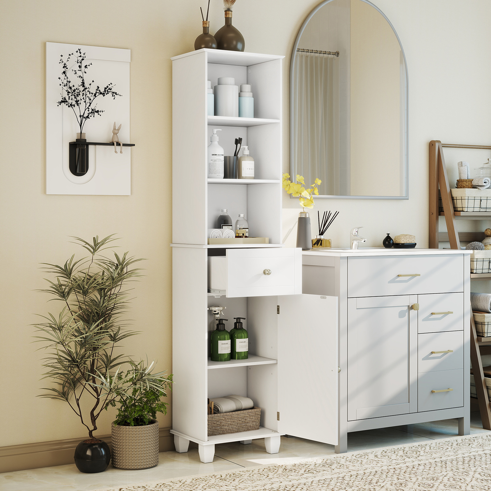 Image of 172 Cm Tall Bathroom Cabinet, Narrow Floor Cabinet W/3 Open Shelves, 1 Drawer, 1 Door & Adjustable Shelf, Freestanding Space- Storage Unit For Kitchen, Living Room, White