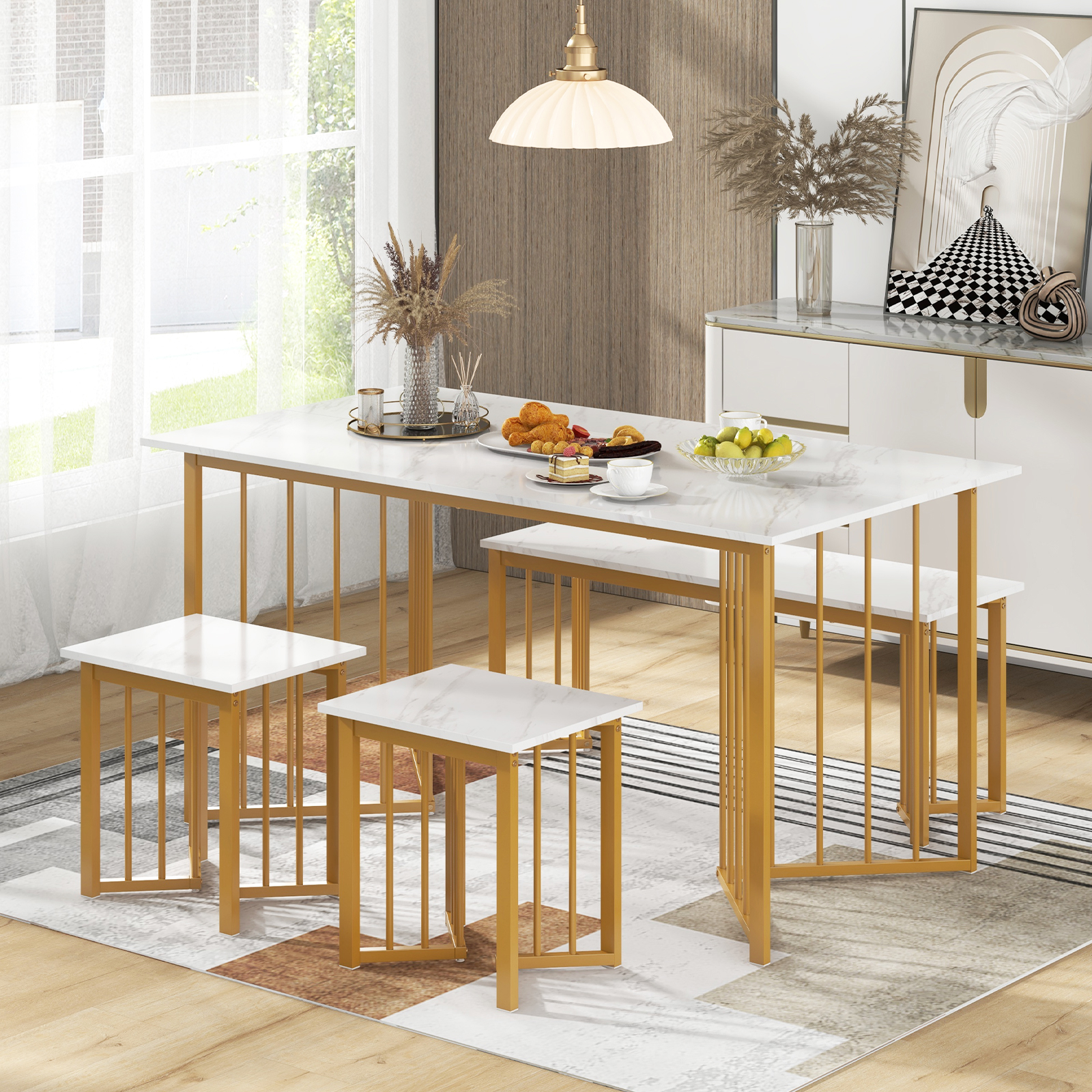 Dining Table Set 4-piece Dining Room Set With 2 Chairs, Table, Bench, Rectangular Kitchen Table, Marble, Modern Metal Dining Set