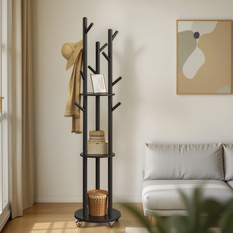 Image of This Entrance Hall Wardrobe Features 11 Hooks And 3 Shelves, Hooks And Made Of Solid Wood, As Well As 4 Swivel And Removable Casters. Suitable For Entrance Areas, Bedrooms, And Living Rooms.