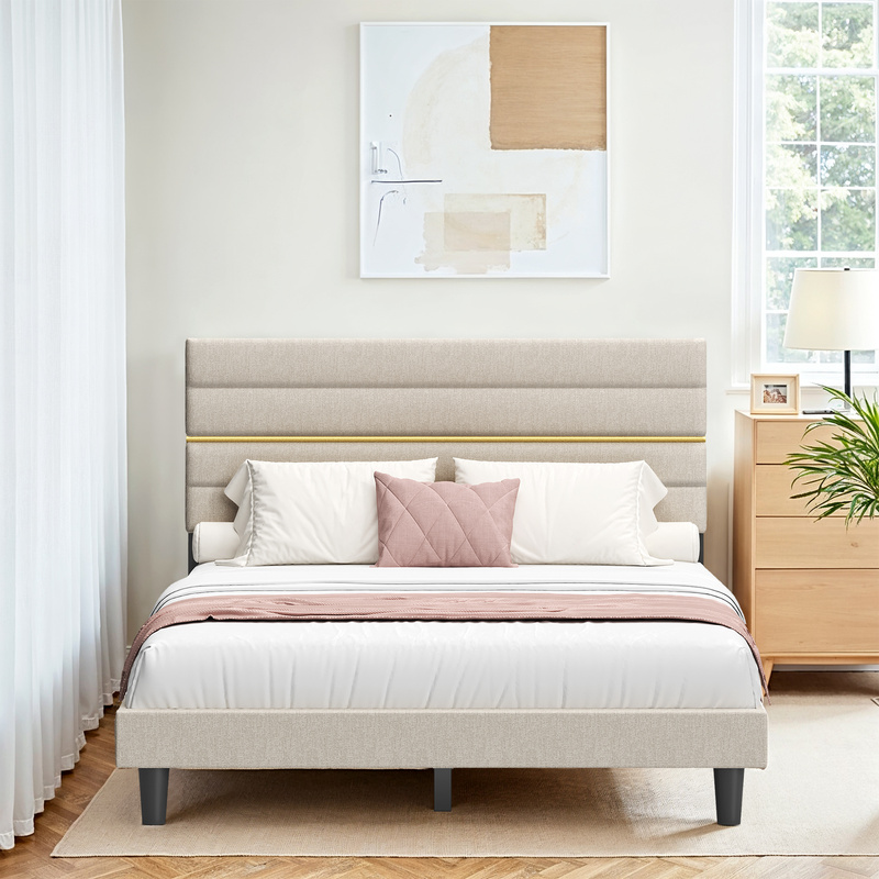 Double Bed With Upholstery, Adjustable Padded Headboard, And Modern Frame. Fits 140 X 190 Cm Mattresses. Materials: Metal, Solid Wood, Slate Gray