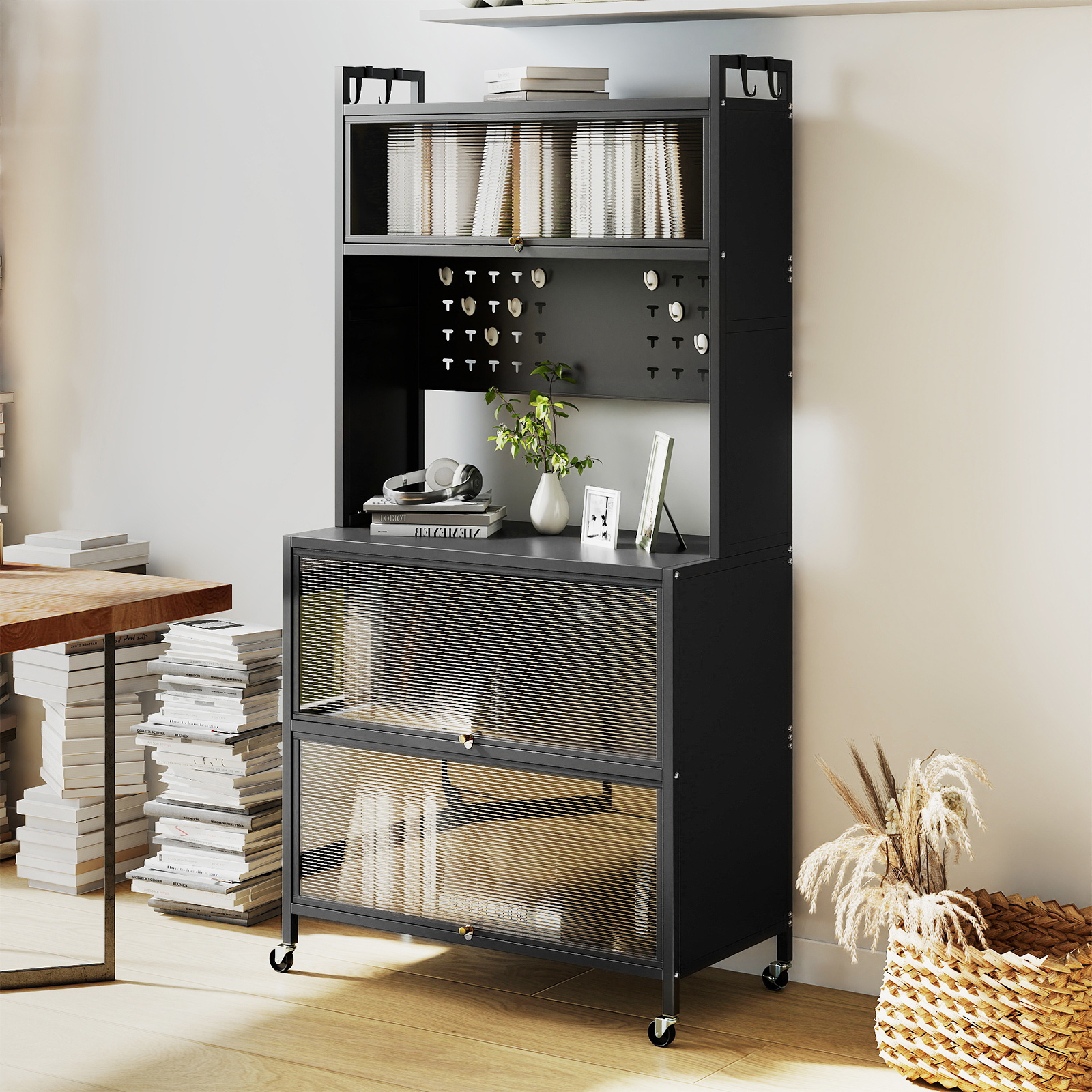 Image of 5-tier Kitchen Pantry Storage Cabinet, Rolling Microwave Stand With Flip-up Doors, Universal Wheels & Pegboard, Freestanding Bakers Rack For Dining Room, Living Room, Study, Grey