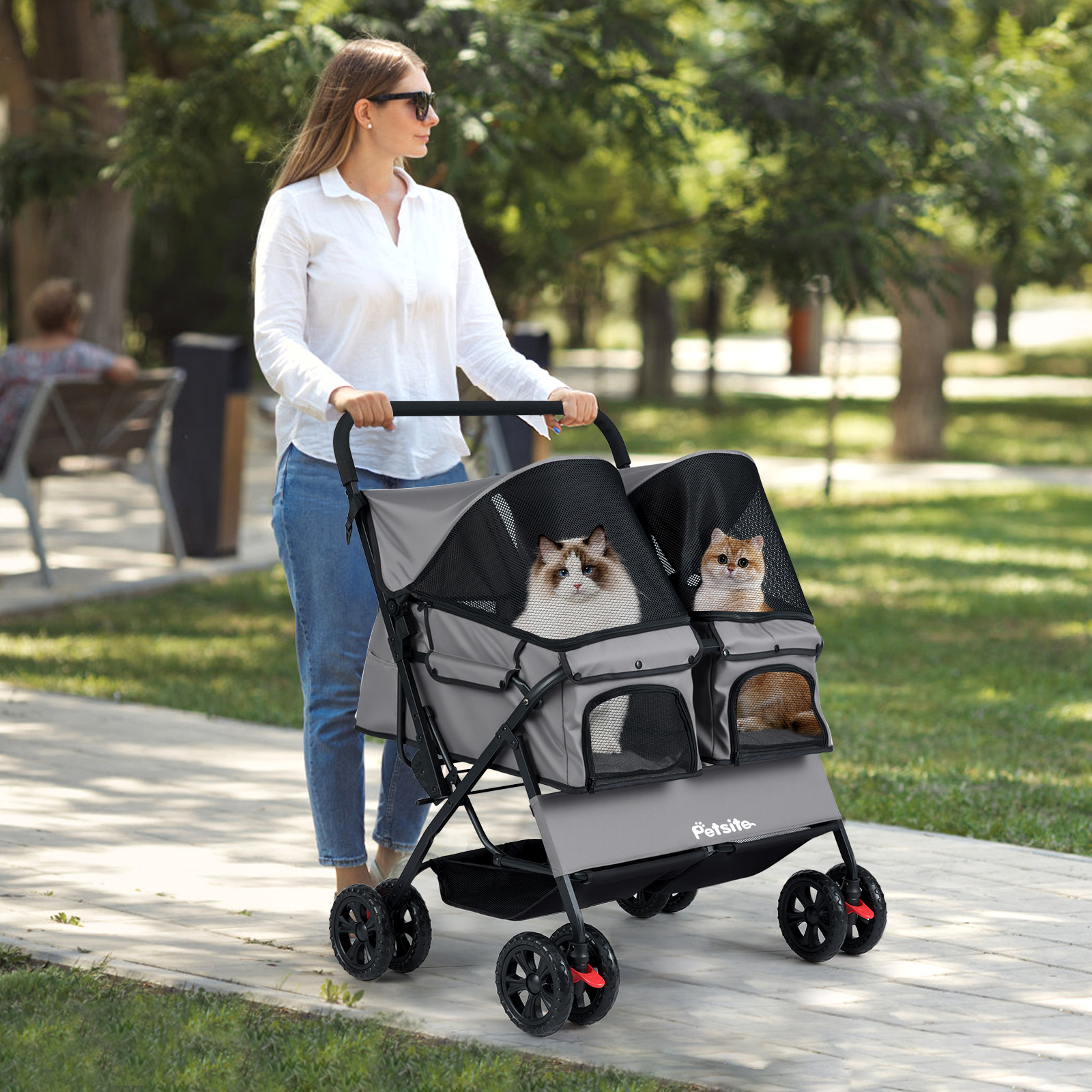 Double Pet Stroller, Foldable Dog Walk Jogger W/ 2-seater Carrier, Adjustable Sunshade, Removable Pad, Safety Belt, Storage Basket, 4-wheel Pet Travel Cart For 2 Puppies & Cats