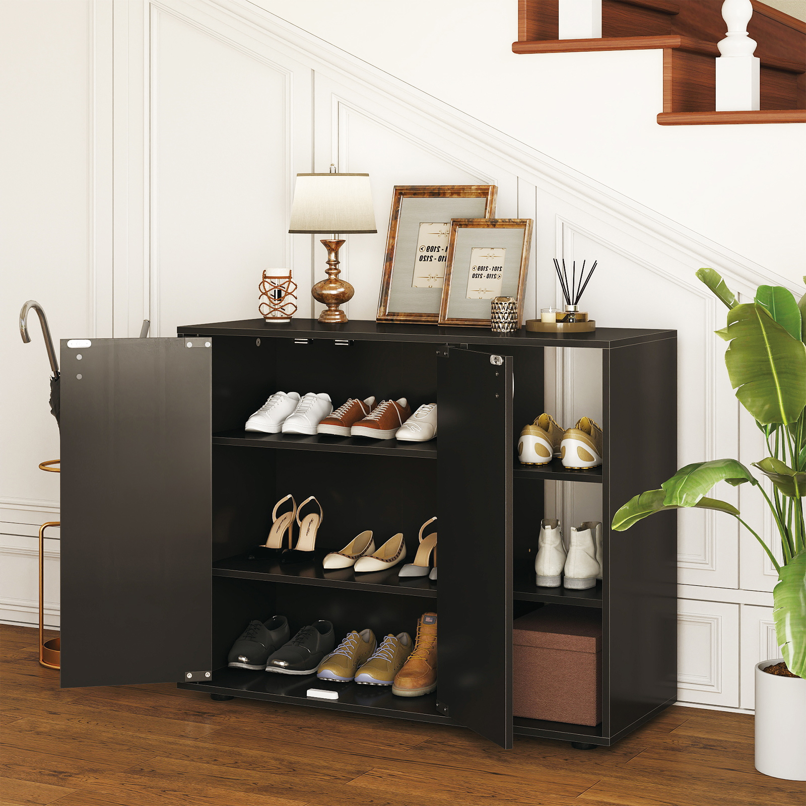 Shoe Cabinet With Doors, 3-tier Shoe Storage Rack W/ Adjustable Open Shelves, Modern Freestanding Wooden Organizer For Entryway, Hallway, Living Room, Closet