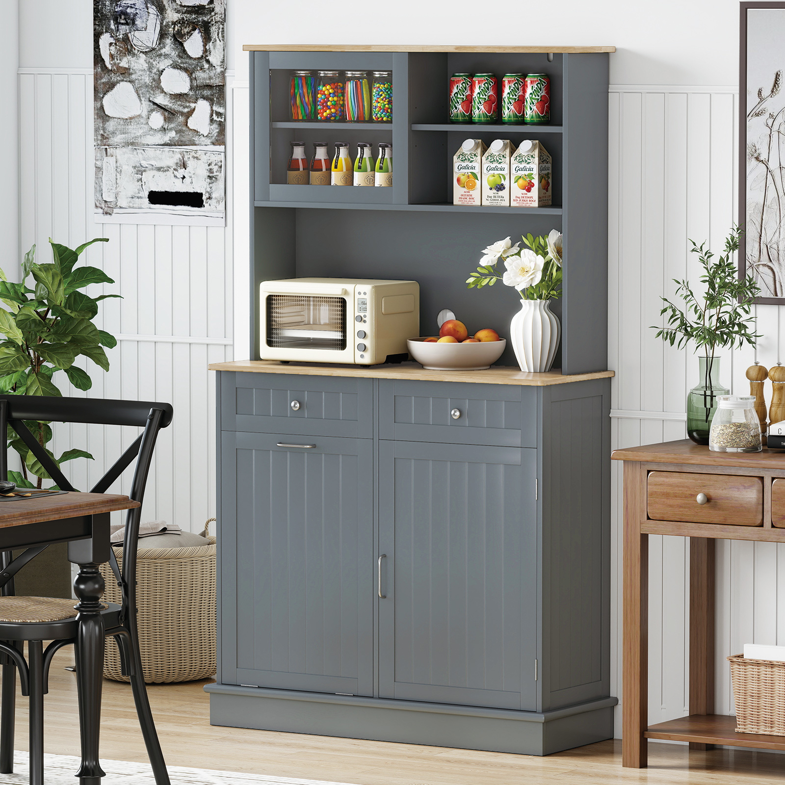 Tilt Out Trash Cabinet W/ Hutch, Kitchen Pantry Cabinet W/ 10 Gallon Hidden Garbage Holder, Countertop & Drawers, Freestanding Tall Kitchen Cupboard, Recycling Cabinet Laundry Cabinet