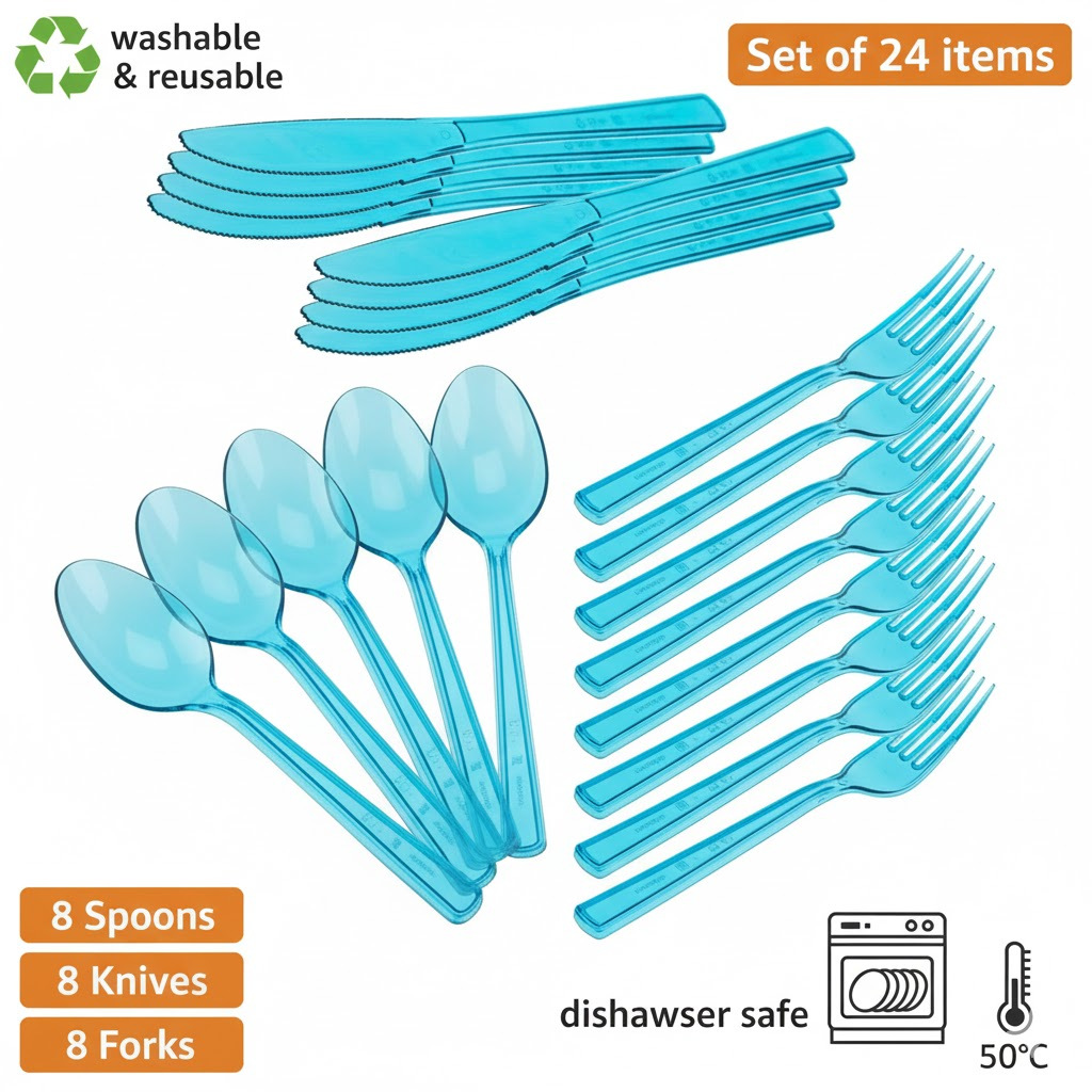 TEMU 24pcs Blue Transparent Picnic Cutlery Set Pack – Heavy Duty Reusable Plastic Silverware, Clear Party Utensils Includes Spoons, Forks & Knives,