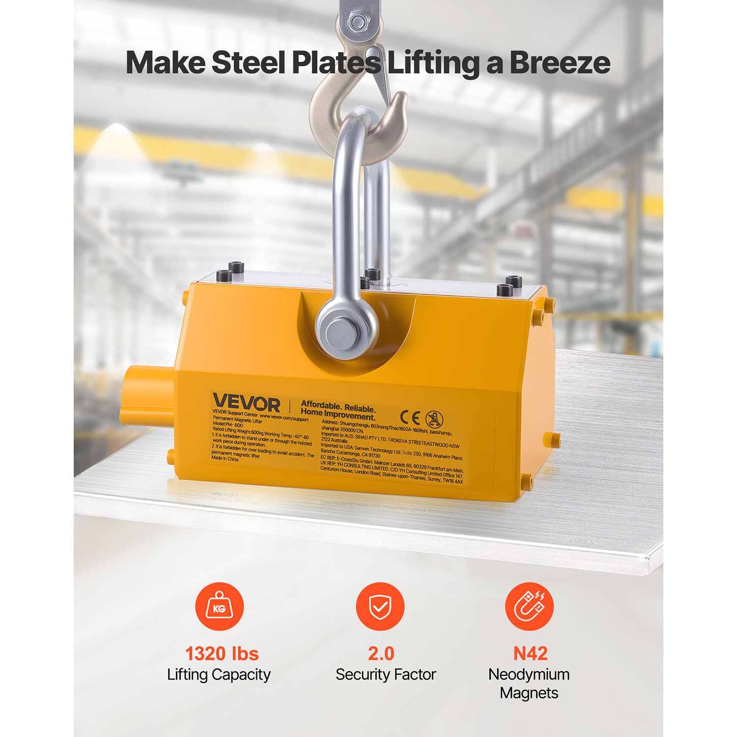 Image of Permanent Magnetic Lifter, 600 Kg Pulling Capacity, Heavy Duty N42 Neodymium Lifting Magnet With Release Handle And Steel Hook, Used Crane And Hoist, For Lifting Plate Steel, Board