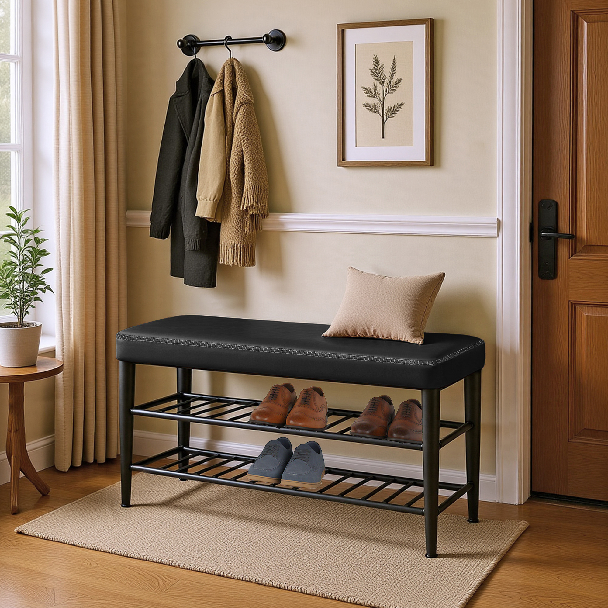 Shoe Changing Stool, Faux Leather Entryway Stool, Storage Stool With A Load Capacity Of Up To 135 Kg, Decorative Stitching, Mid-century , Dimensions 30 X 100 X 50 Cm