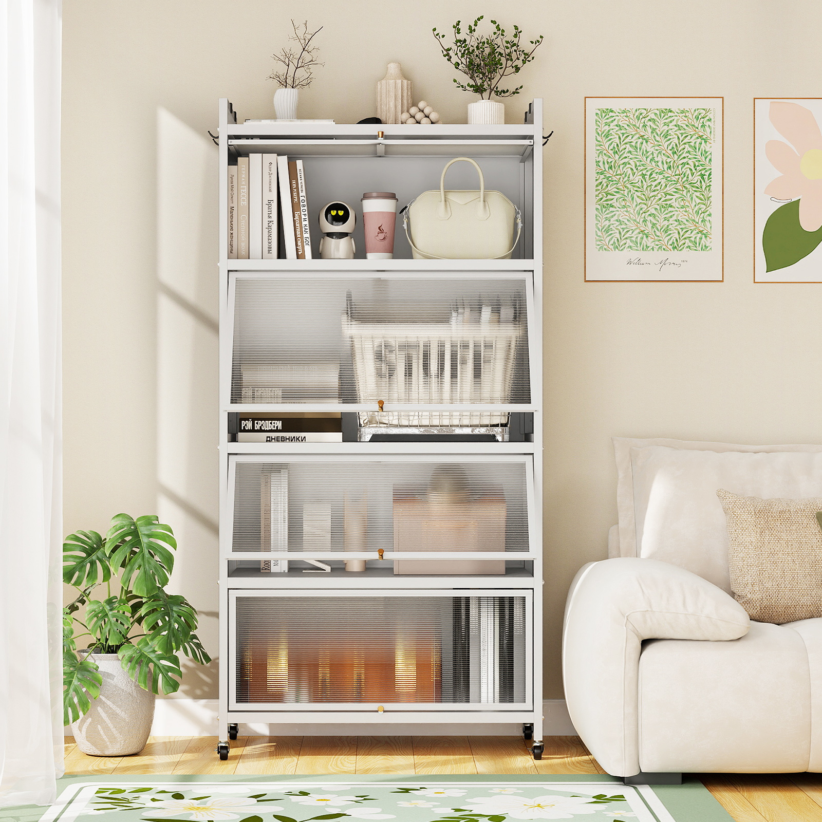 Image of 5-tier Kitchen Storage Cabinet, 64" Tall Freestanding Metal Pantry With 4 Flip-up Doors, Rolling Microwave Stand Display Rack With Replaceable Foot Pads For Dining Room, Living Room, Study