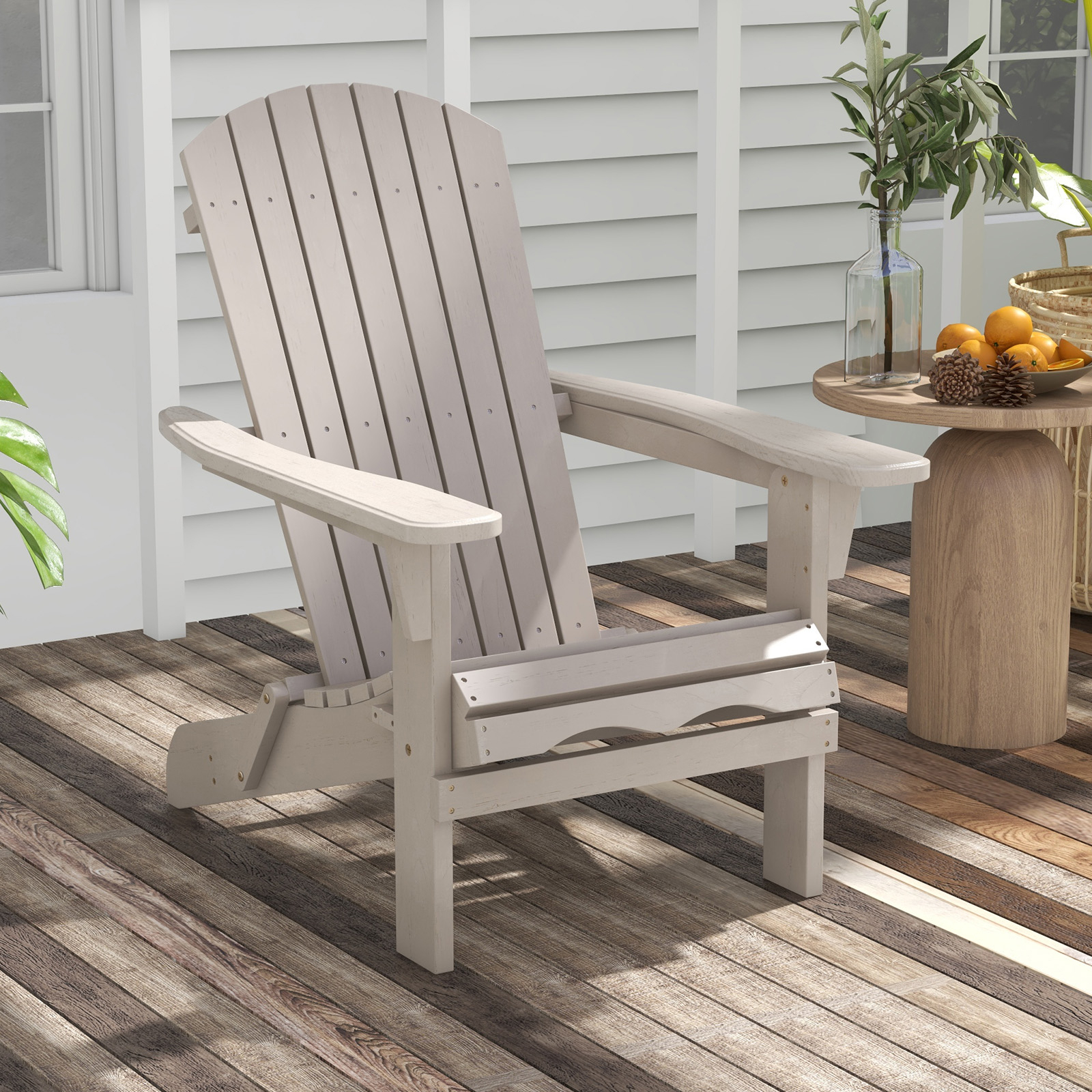 Image of Folding Adirondack Chair, Folding Wooden Lounge Chair W/ High Backrest & Wide Armrests, 330 Lbs , Outdoor Adirondack Lounge Chair For Lawn, Backyard, Poolside