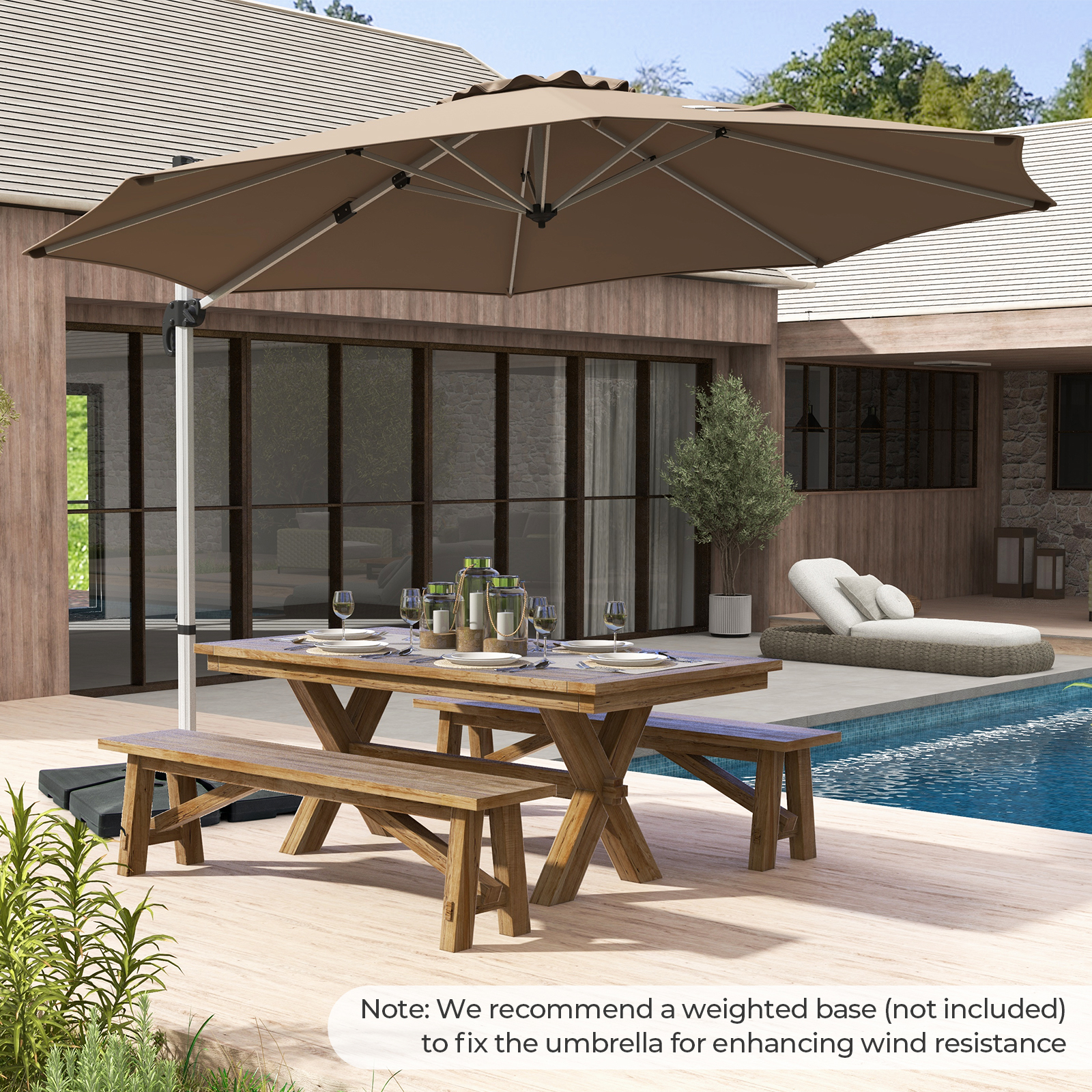 Image of 11ft Patio Offset Umbrella, Round Cantilever Umbrella With Heavy-duty Aluminum Pole & 360° Rotation, Outdoor Market Umbrella With Crank Handle & Base For Garden Backyard Pool, Brown