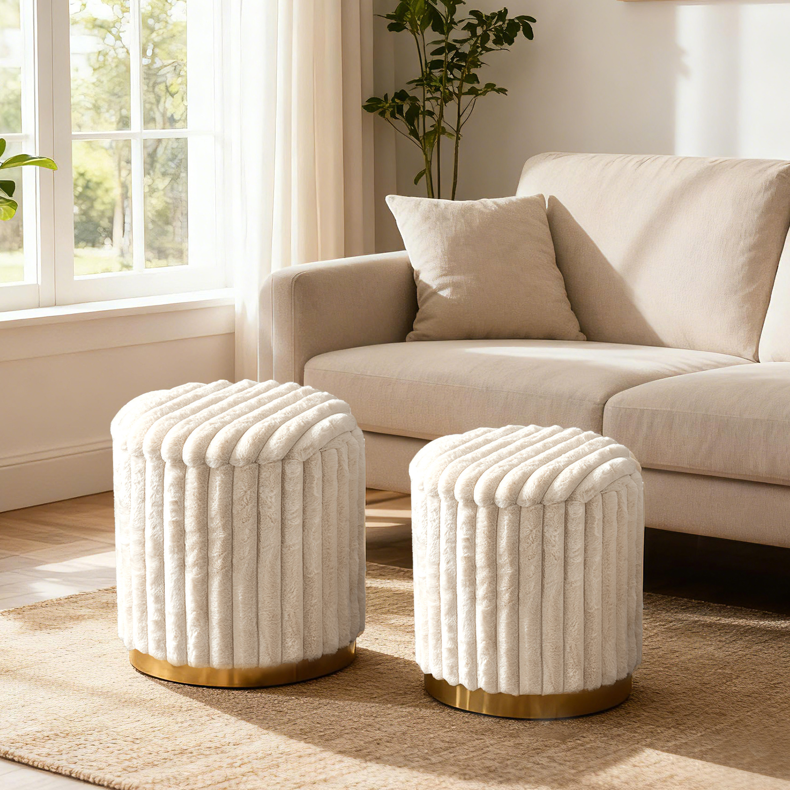 Image of Modern Ottoman Set Of 2, 32l + 21l Upholstered Round Ottomans W/ Detachable Lids & Hidden Storage Space, Comfy Sponge Padded Foot Stools For Living Room, Dressing Room, Beige