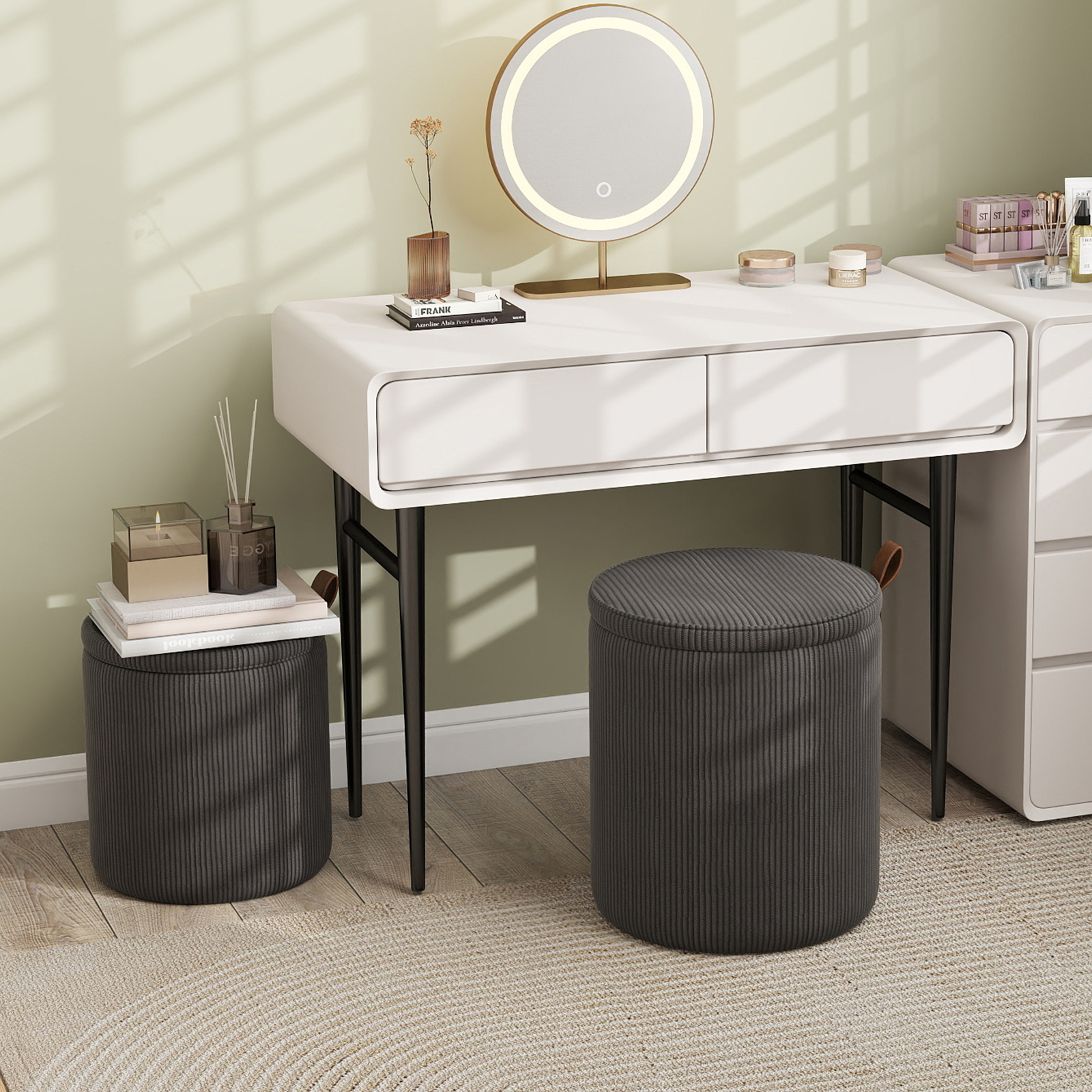 Image of Round Ottoman With Storage Set Of 2, Nesting Upholstered Vanity Stools With Removable Lids & Padded Seats, Multipurpose Footstools, Corduroy Foot Rest Coffee Table For Living Room & Bedroom