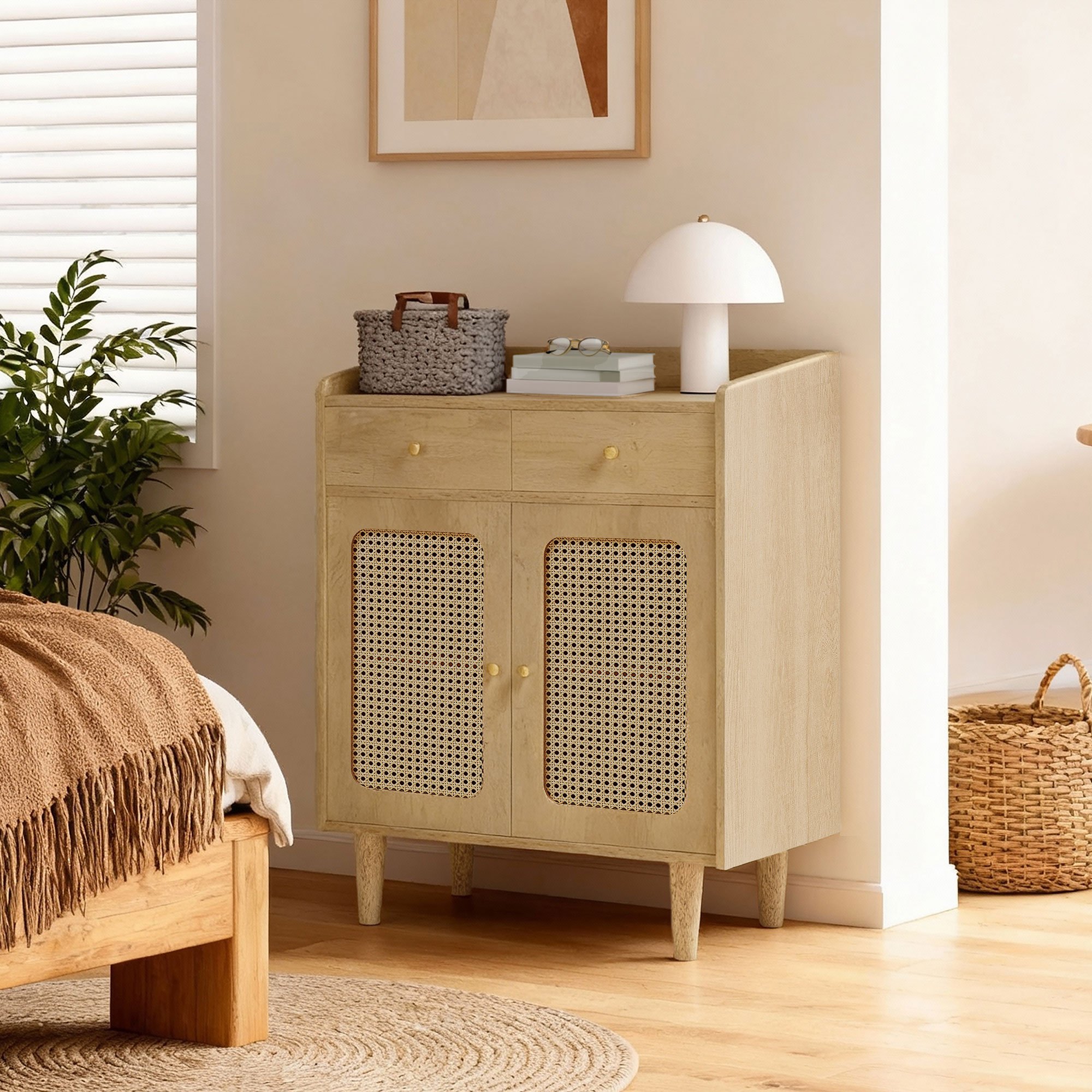 Sideboard With Rattan-look Doors, Storage Cabinet With Drawers, Boho Style, For Dining Room, Beige