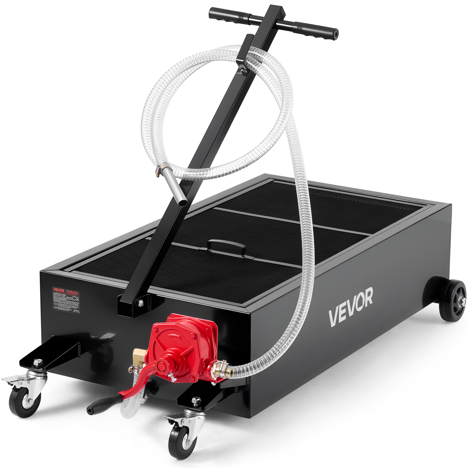 Image of Vevor Low Profile Oil Drain Pan, 25 Gallon Capacity, Rolling Oil Drain Pan With Manual Pump, 7.2 Ft Hose & T Folding Handle, Corrosion-resistant, Fit For Cars, Suvs, Trucks, Atvs, Black