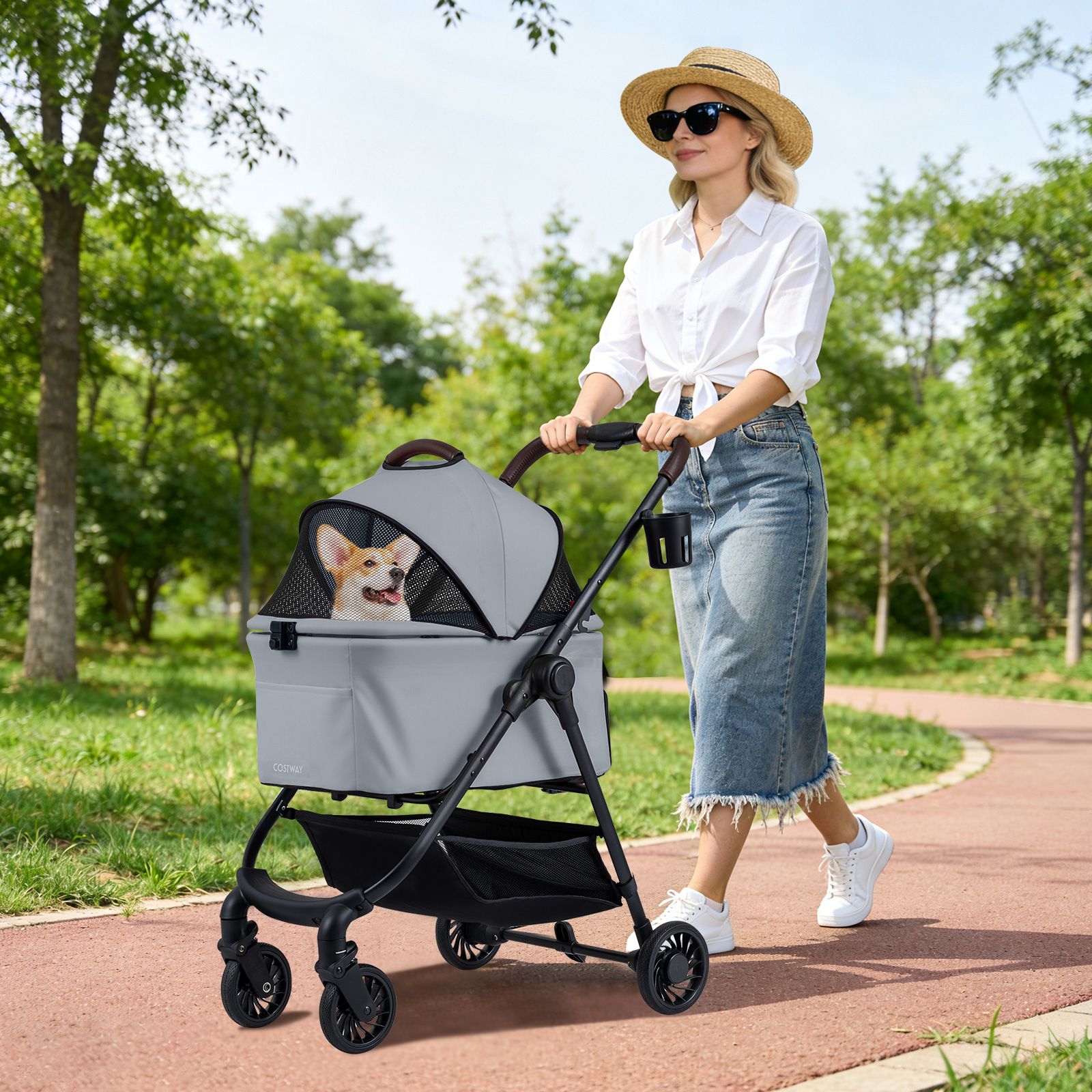 Image of 3-in-1 Pet Stroller, One-hand Folding Dog Stroller Car Seat W/ Removable Carrier, Adjustable Mesh Canopy, Storage Basket, Cup Holder & Safety Belt, 4-wheels Pet Travel Cart For Small Dogs Cats