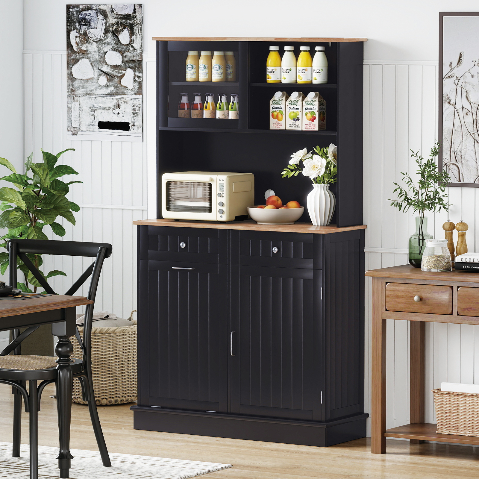 Image of Tilt Out Trash Cabinet W/ Hutch, Kitchen Pantry Cabinet W/ 10 Gallon Hidden Garbage Holder, Countertop & Drawers, Freestanding Tall Kitchen Cupboard, Recycling Cabinet Laundry Cabinet