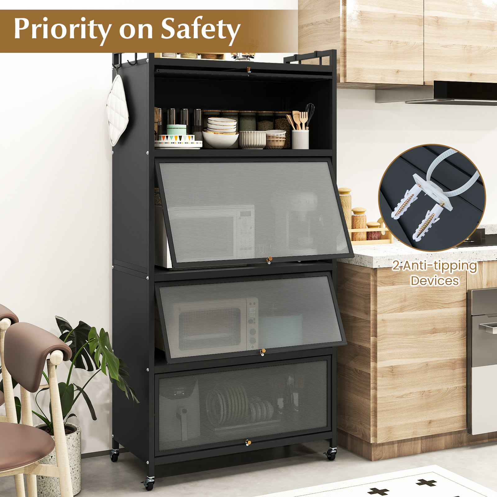 Image of 5-tier Kitchen Storage Cabinet With Wheels, Rolling Microwave Stand With Flip-up Doors, Replaceable Foot Pads