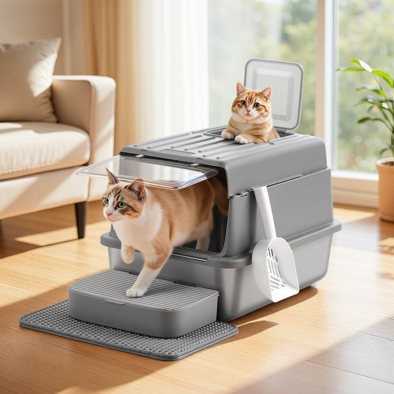 E-shop Katzenklo Edelstahl, Katzentoilette mit Deckel, Schaufel, Katzenstreumatte und 2 Eingängen