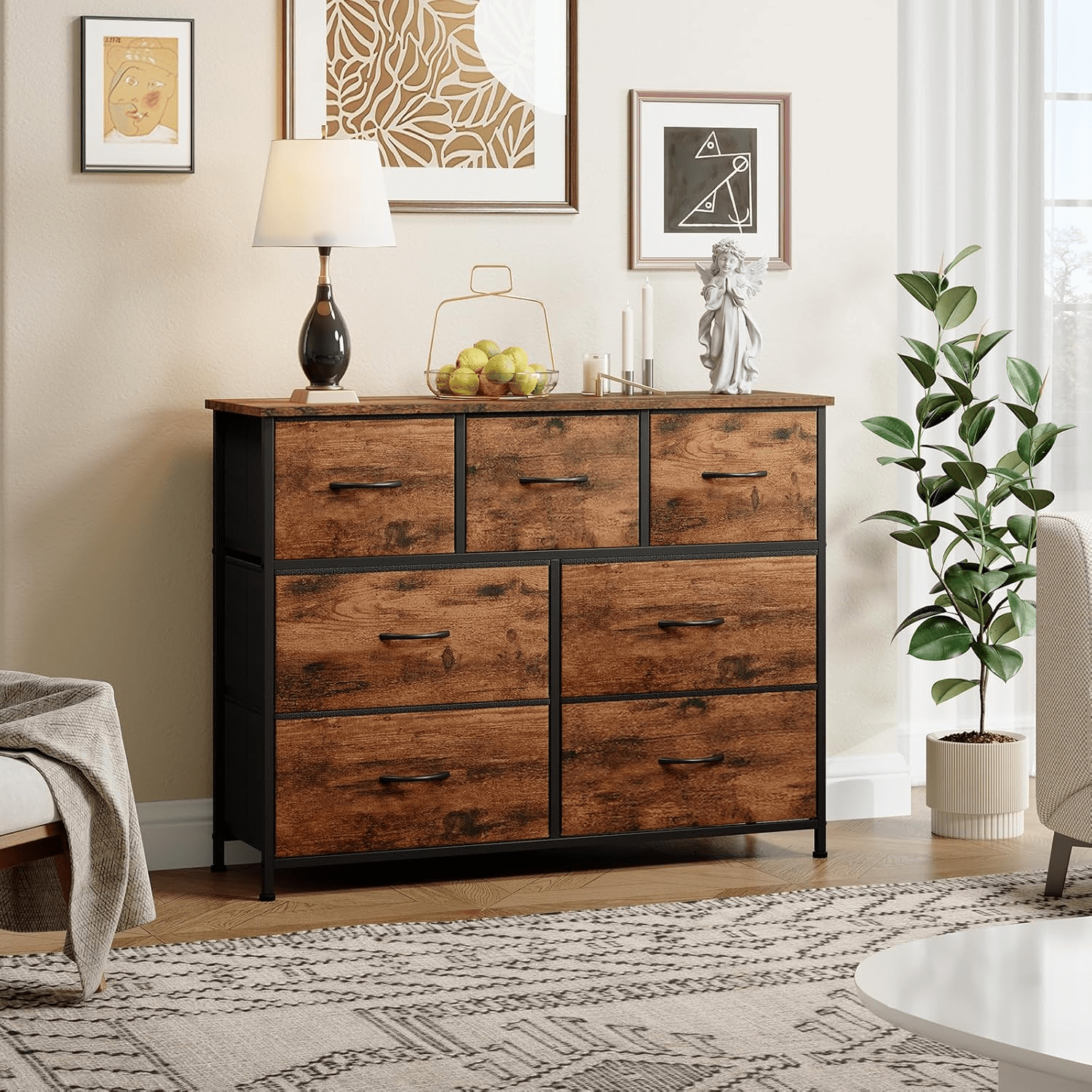E-shop Schrank mit Schubladen, Stoffschrank für Schlafzimmer, Wohnzimmer, Flur, Kommode, Schubladenschrank, Aufbewahrungsschrank, 7 Stoffschubladen,