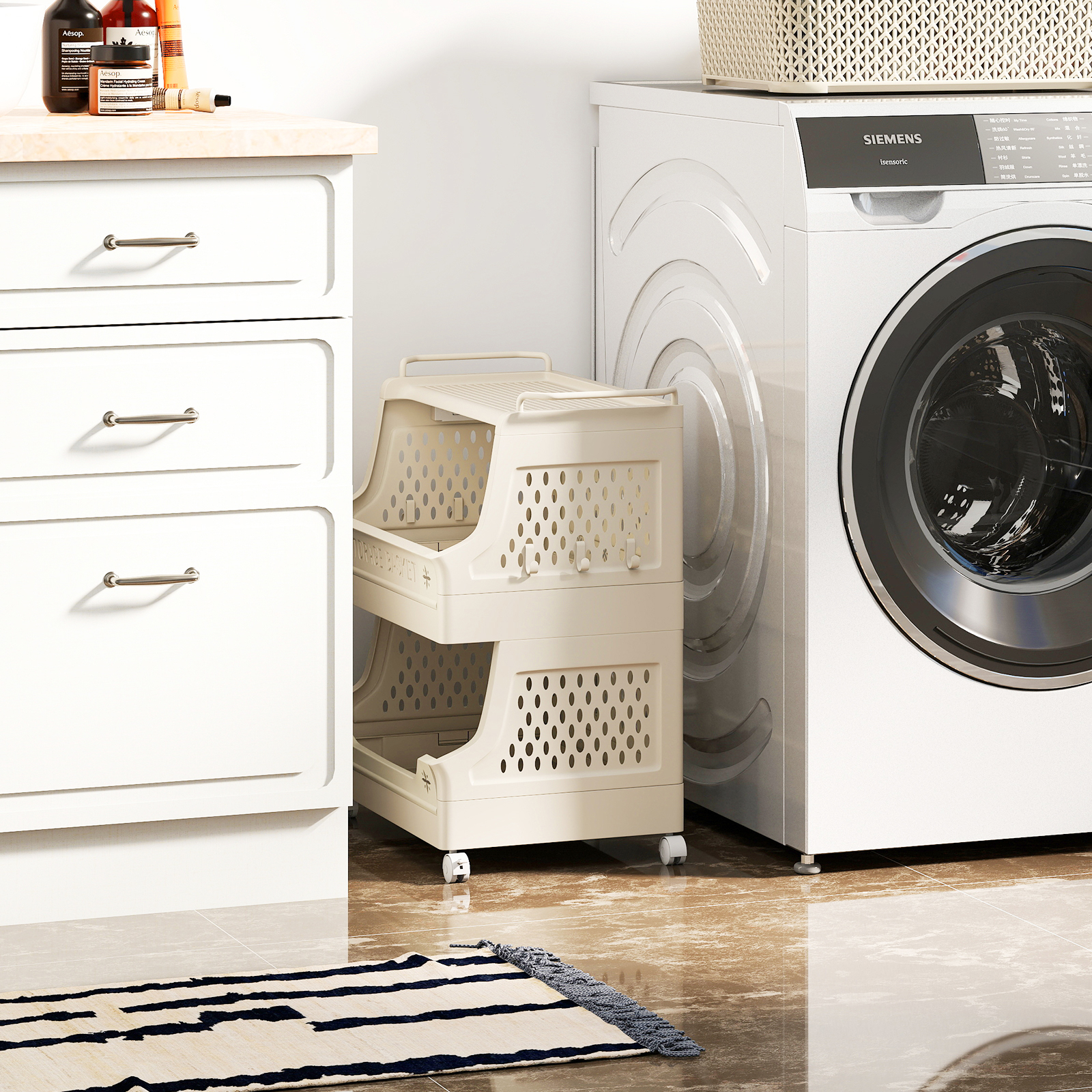3 Tier Rolling Laundry Basket With Wheels, Stackable Plastic Storage Cart With Handles And Hooks