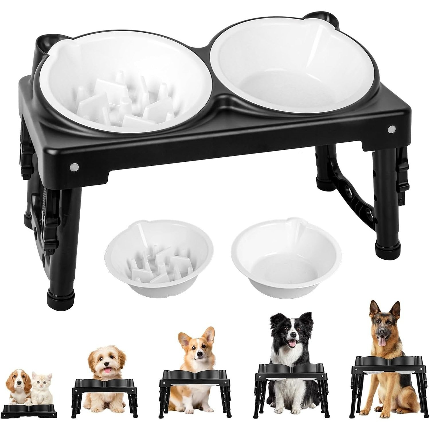 E-shop Hundefutternapf, , höhenverstellbar mit Slow-Feeding-, 2 Schalen, 5 höhenverstellbare Napfständer, geeignet für große, mittlere und kleine Hunde