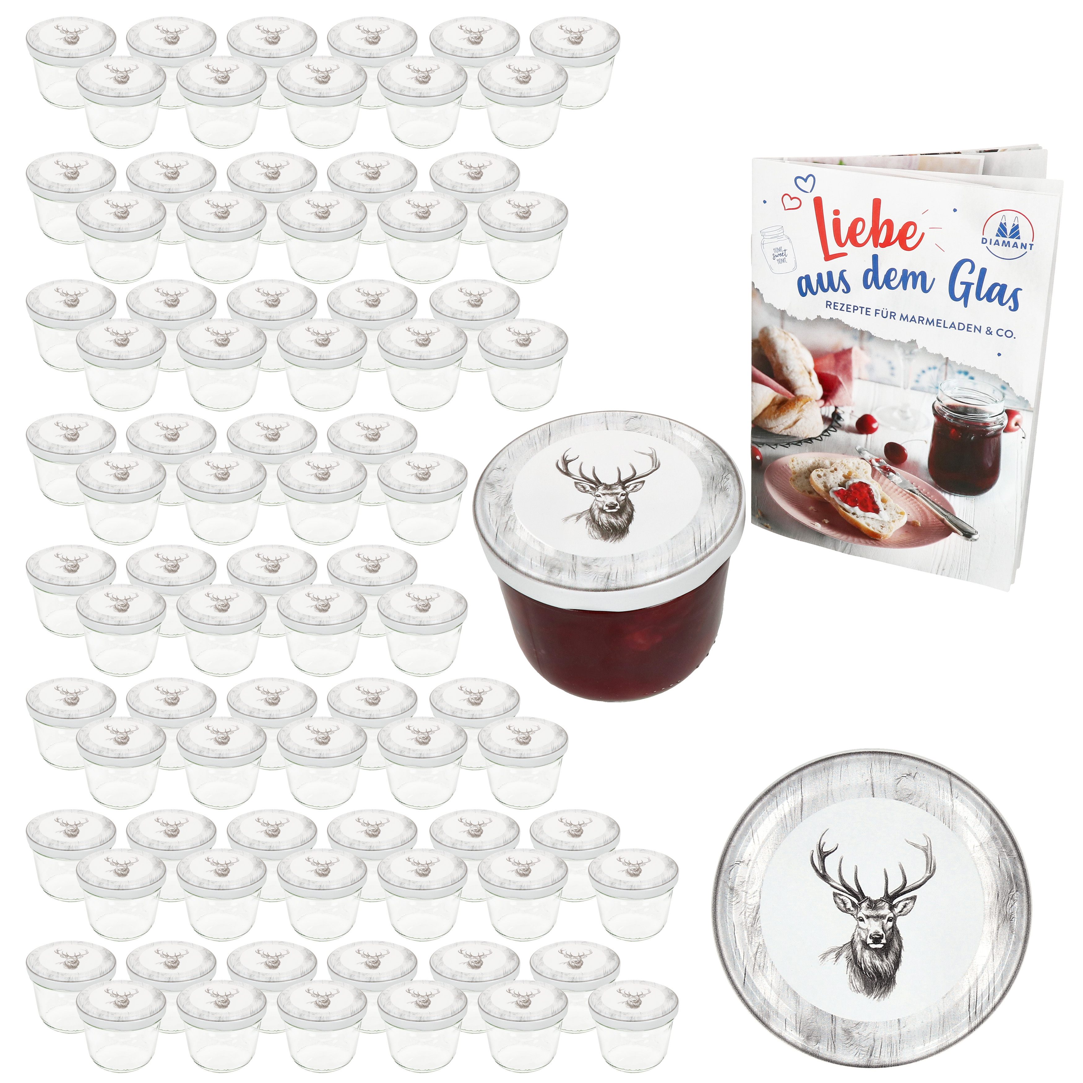E-shop 100er Set Sturzglas 230ml Einmachglas + -Deckel TO82 Hirsch Heft