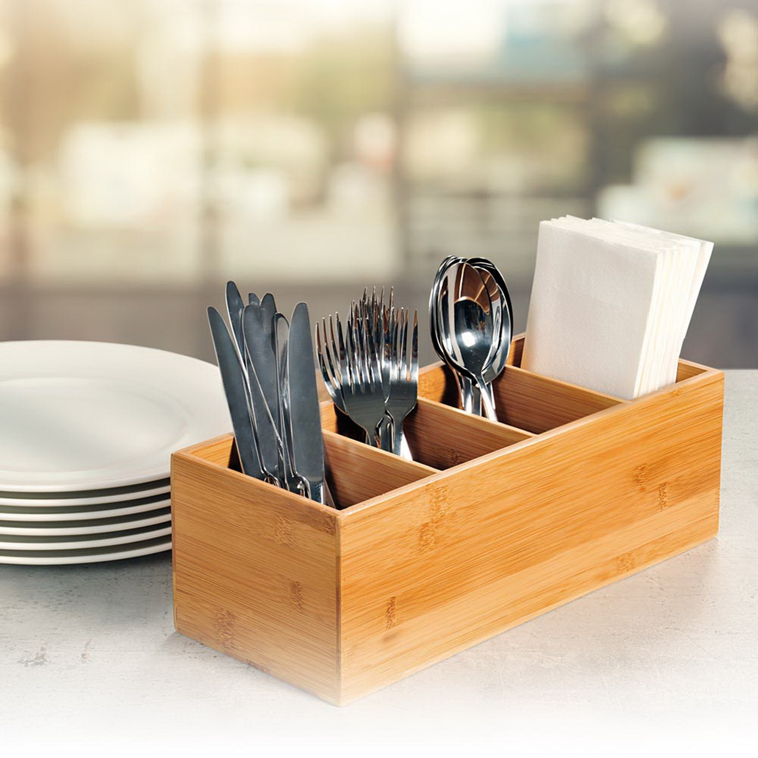 Image of Organizer Cutlery Box 4 Compartments Table Organizer Bamboo Storage Box Cutlery Holder Box Organizer Box Table Decoration Storage Box Sorting Box Sorter