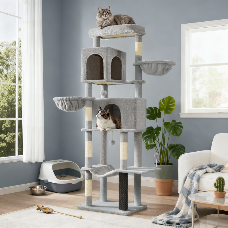Scratching Tree Large, 190.7 Cm High, Multi-level Cat Tree With 2 Caves, 2 Lying Troughs, 5 Scratching Posts, Cat Brush, Large Platform
