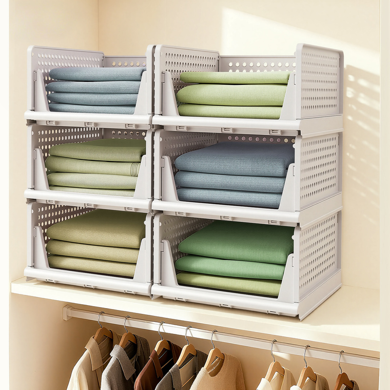Image of Clothing Storage Rack, 6pcs Set Of Pull-out Baskets, Stackable Clothing Storage Rack Made Of Plastic, For Storage And Organization, Suitable For Bedrooms, Offices, And Bathrooms, White.