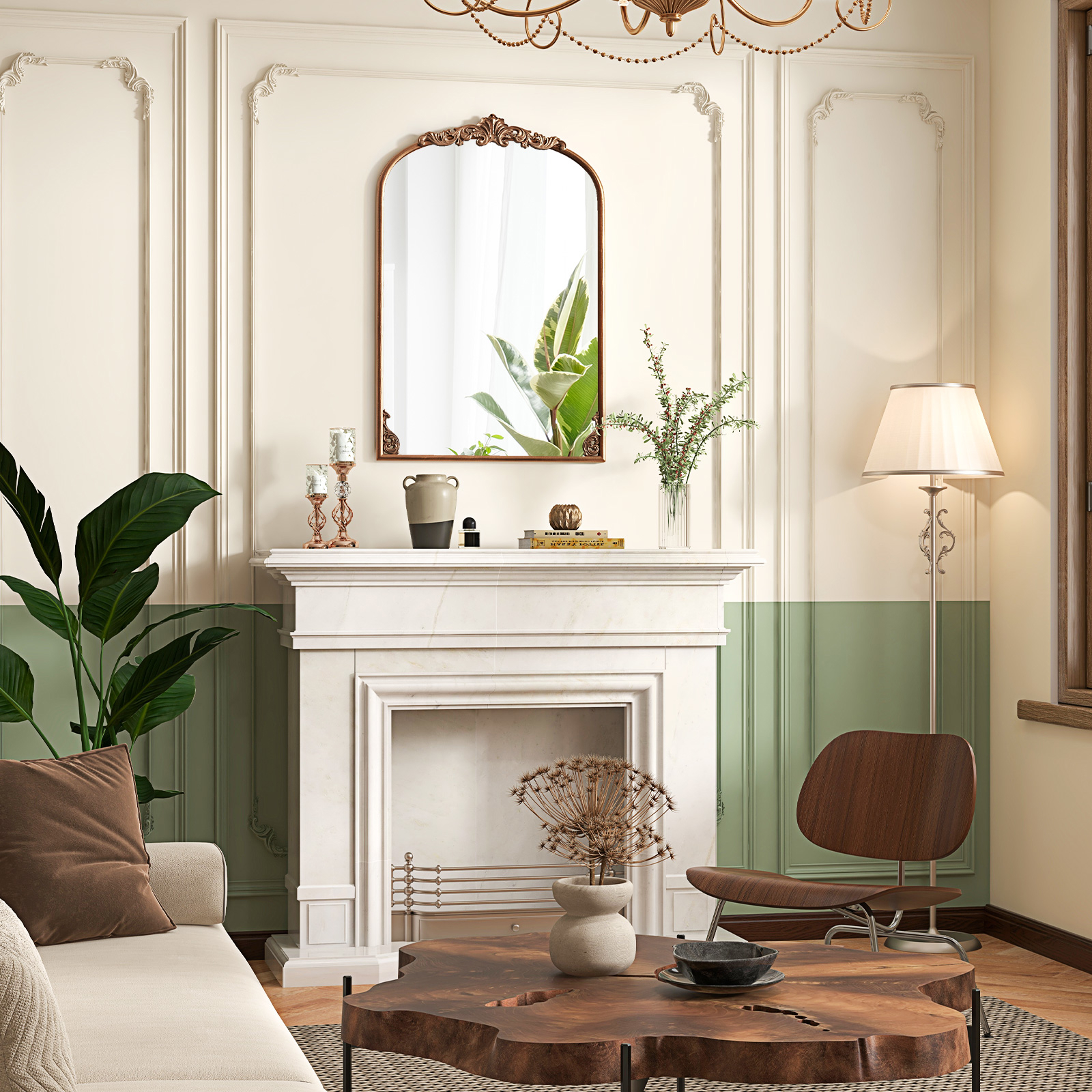 Antiqued Gold Wall Mirror, 36" X 24" Dramatic Arched Mirror With Baroque Ornate Frame, Gold