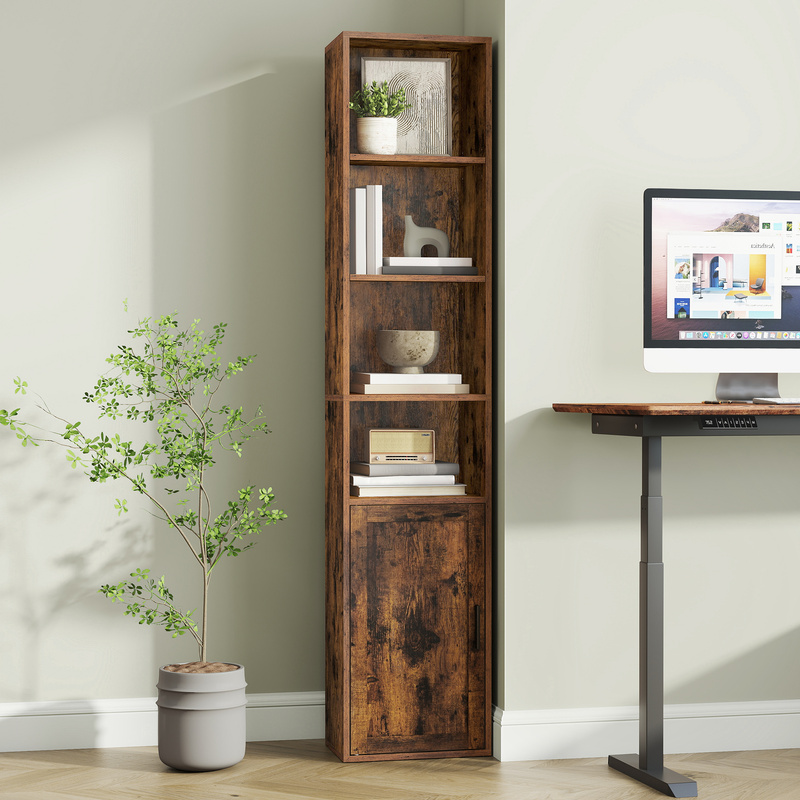 E-shop 6-stöckiges Bücherregal mit Türen, freistehendes hohes Regal, offene Ablage, 24 x 31,8 x 175 cm, geeignet für Wohnzimmer, Heimbüro, Esszimmer,