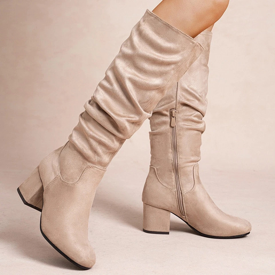 Loudlook Women's Mid Calf Ruched Warm Faux Suede Boots